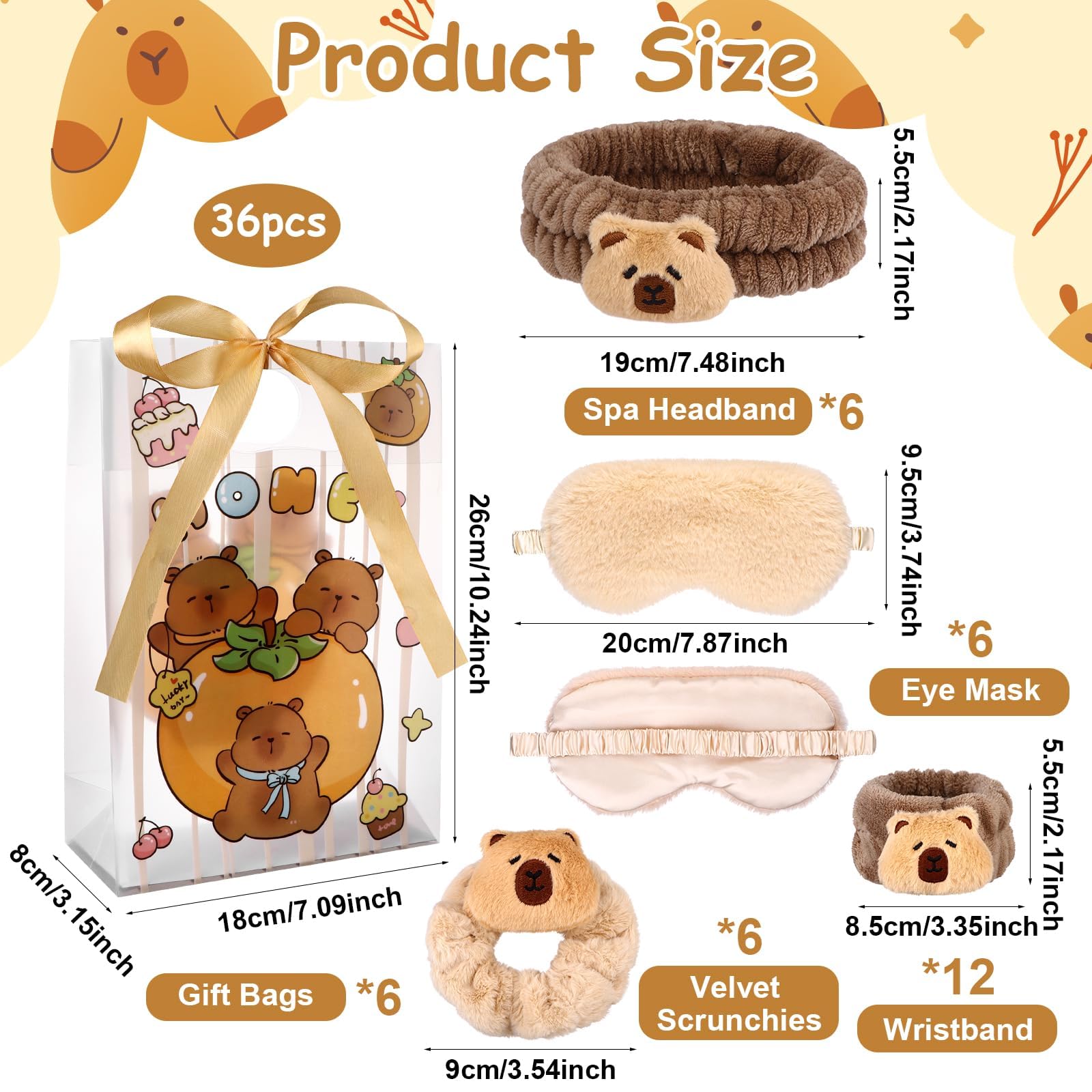 30 Pcs Capybara Spa Sleepover Party Supplies for Girls 6 Capybara Makeup Headband 6 Velvet Scrunchies 6 Soft Wristband 6 Brown P