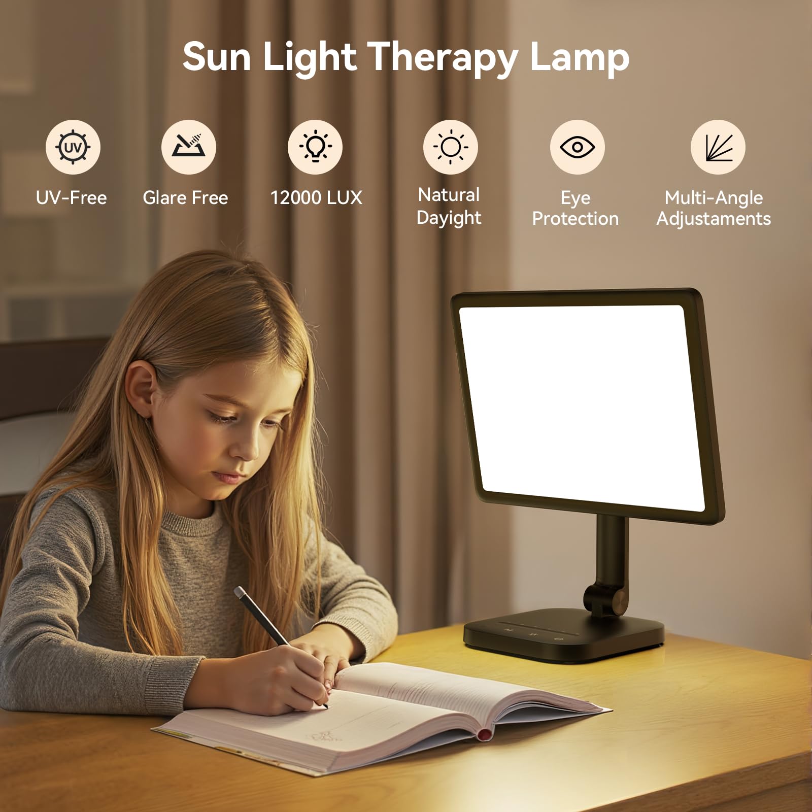 LASTAR Sun Lamp, 12000 Lux UV-Free Light Therapy Lamp with 5 Adjustable Brightness Levels/6 Timer/Remote Control,180 Free Rotabl