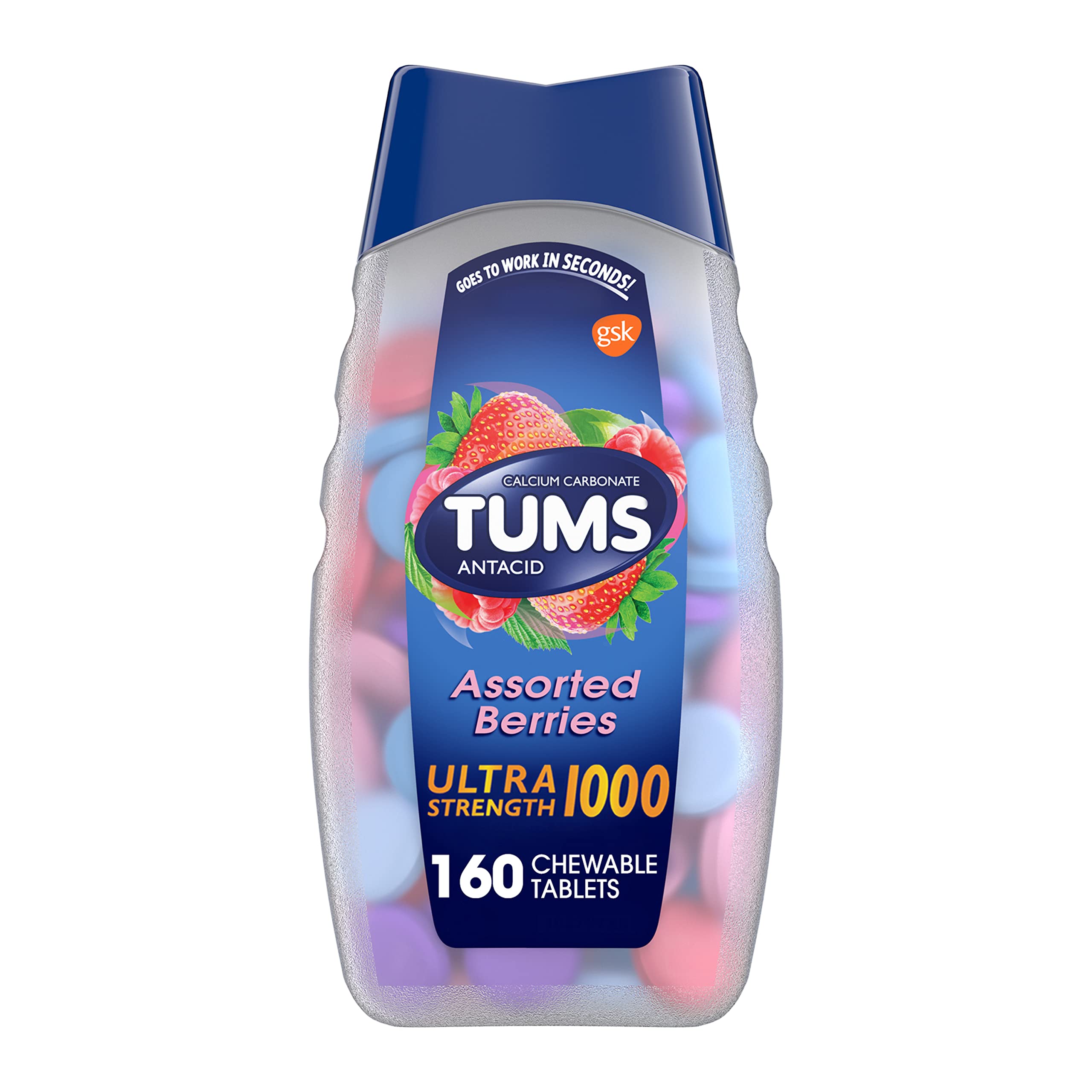 TUMS Ultra Strength Chewable Antacid Tablets for Heartburn Relief and Acid Indigestion Relief, Assorted Berries - 160 Count