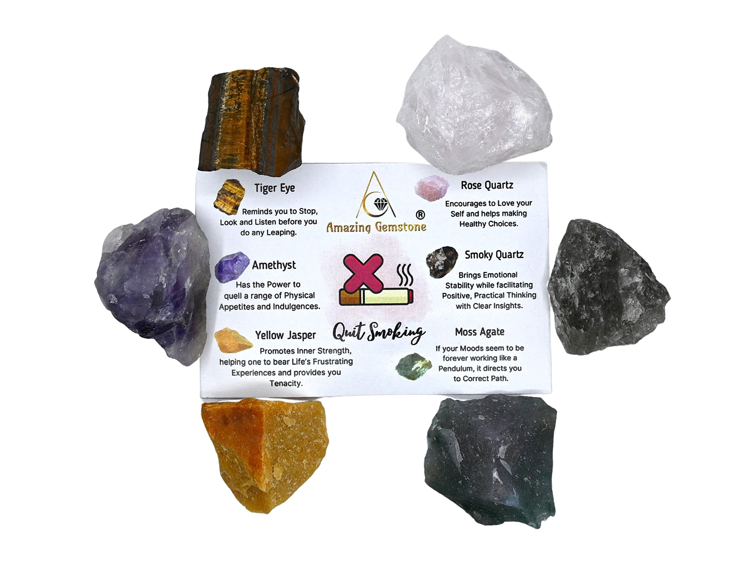 Crystals to Help Quit Smoking Manifestation, Set of 6 Amethyst, Tiger Eye, Yellow Jasper, Rose Quartz, Smoky Quartz and Moss Aga