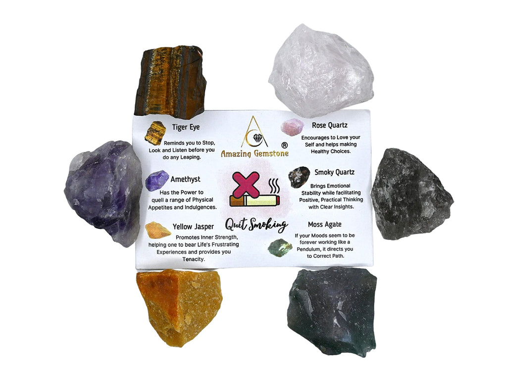 Crystals to Help Quit Smoking Manifestation, Set of 6 Amethyst, Tiger Eye, Yellow Jasper, Rose Quartz, Smoky Quartz and Moss Aga