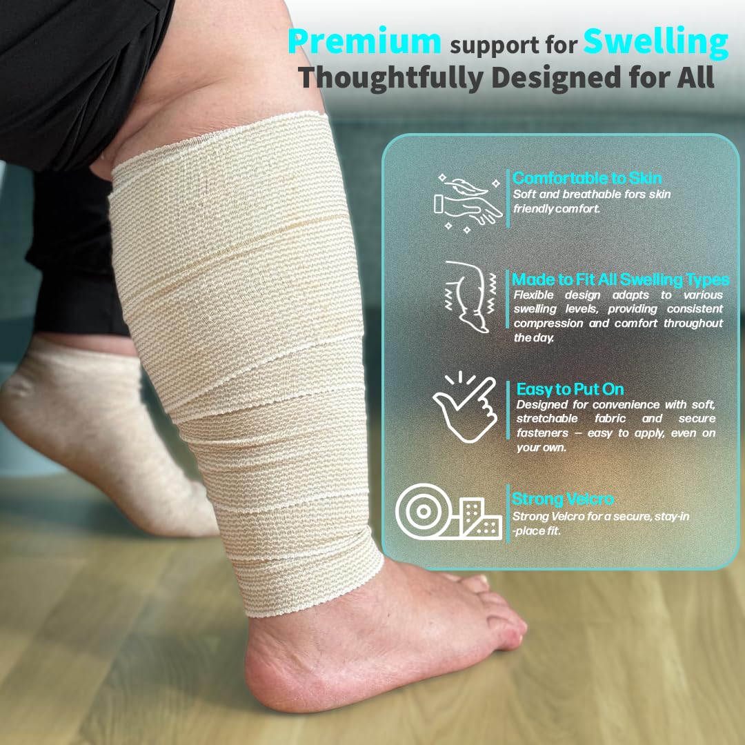 Beltwell Wide Compression Bandages With Velcro (4 Pack) Elastic Compression Wrap for Legs, Arms & Knees with Dual-Closure Design