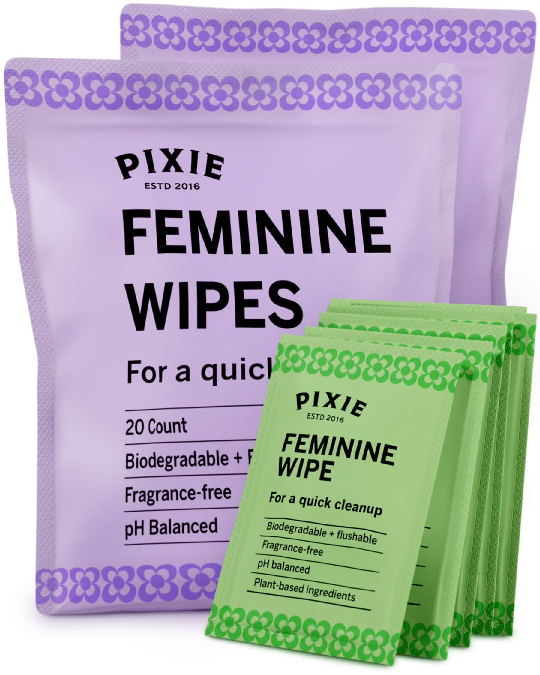 Pixie Feminine Wipes - Flushable, Biodegradable, & Ph Balanced - Best Individually Wrapped Body Wipes for On The Go & Public Bat