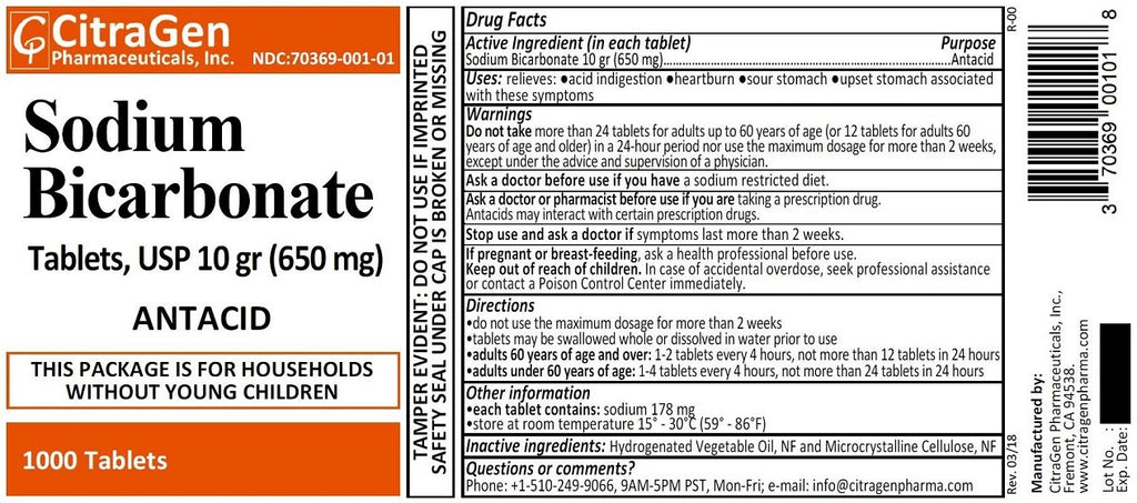 Sodium Bicarbonate Tablets USP 650 mg (10 Grains) for Relief of Acid Indigestion, Heartburn, Sour Stomach & Upset Stomach 1000 T