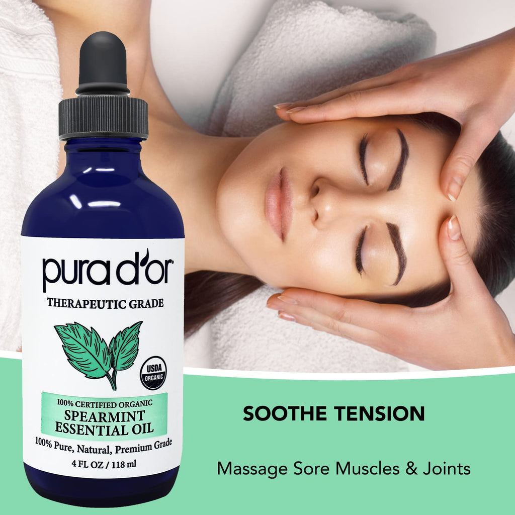 PURA DOR Organic Spearmint Essential Oil (4oz with Glass Dropper) USDA Certified 100% Pure & Natural Therapeutic Grade Diffuser