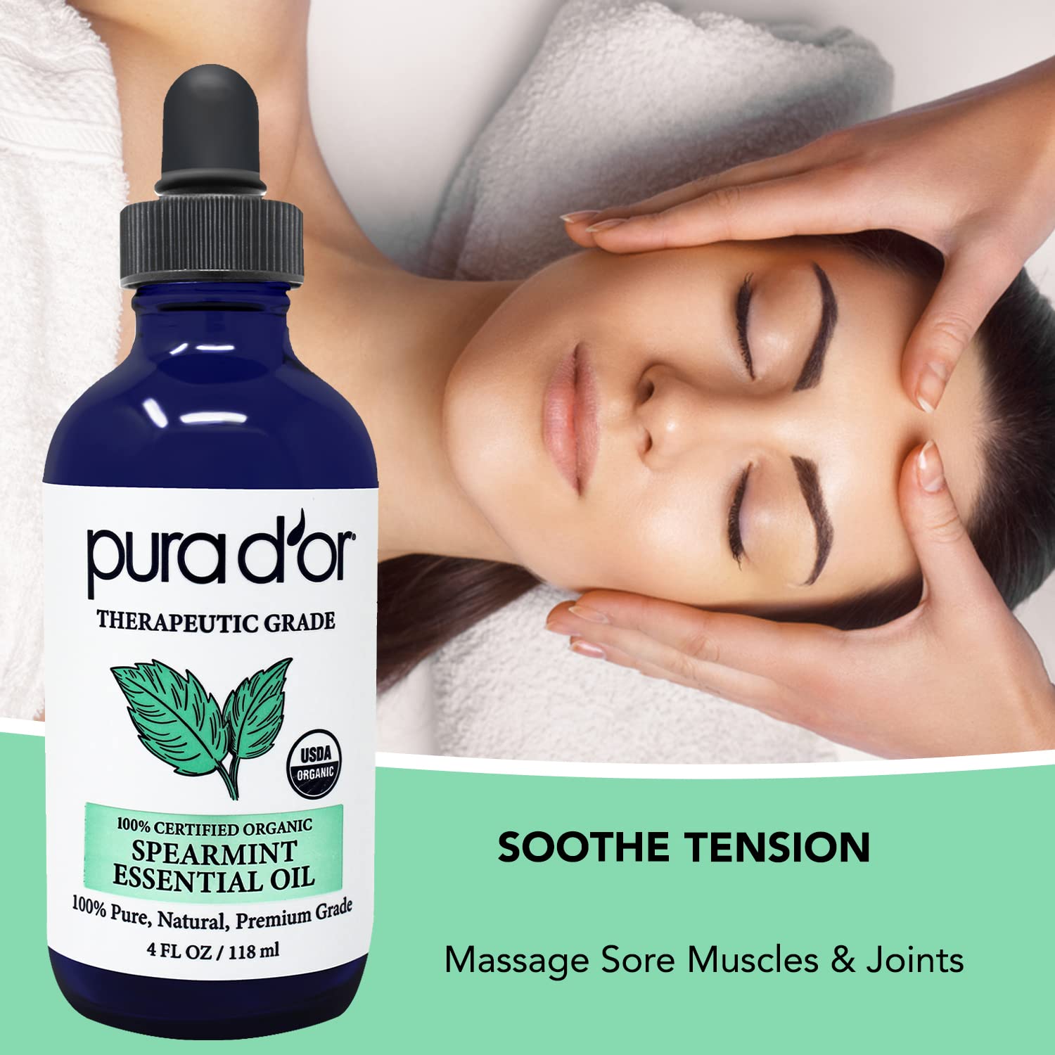 PURA DOR Organic Spearmint Essential Oil (4oz with Glass Dropper) USDA Certified 100% Pure & Natural Therapeutic Grade Diffuser