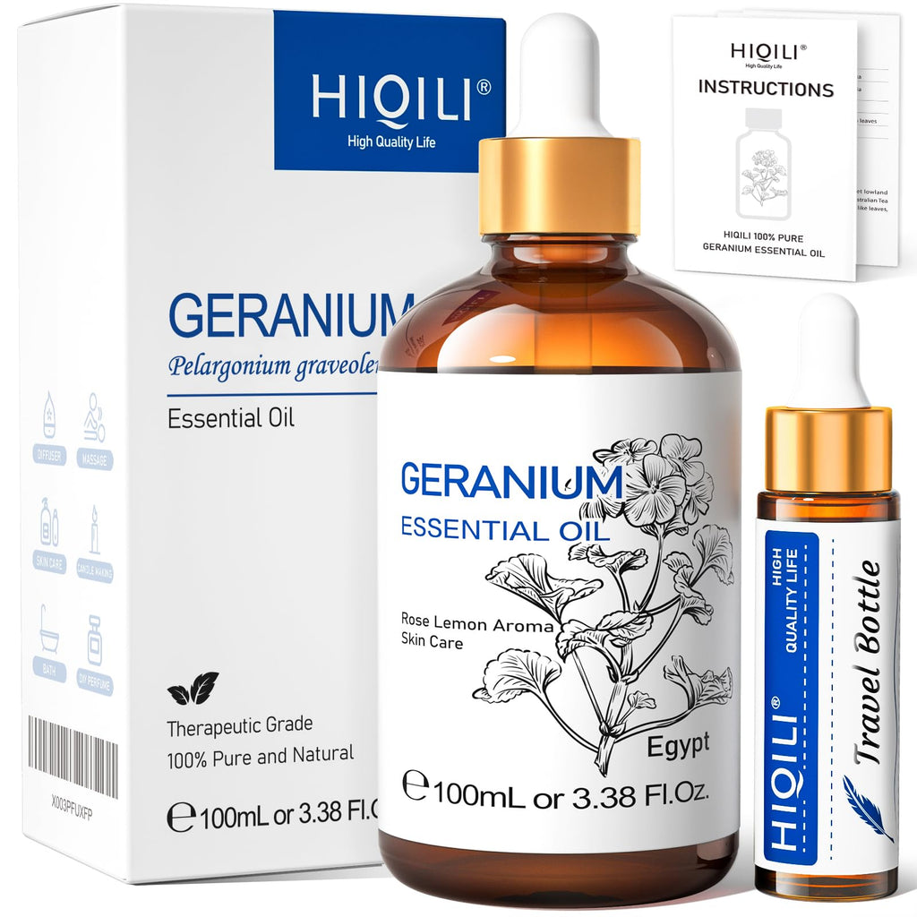 HIQILI 100ML Geranium Essential Oil for Skin, Diffuser & Candle, 100% Pure and Natural - 3.38 Fl. Oz
