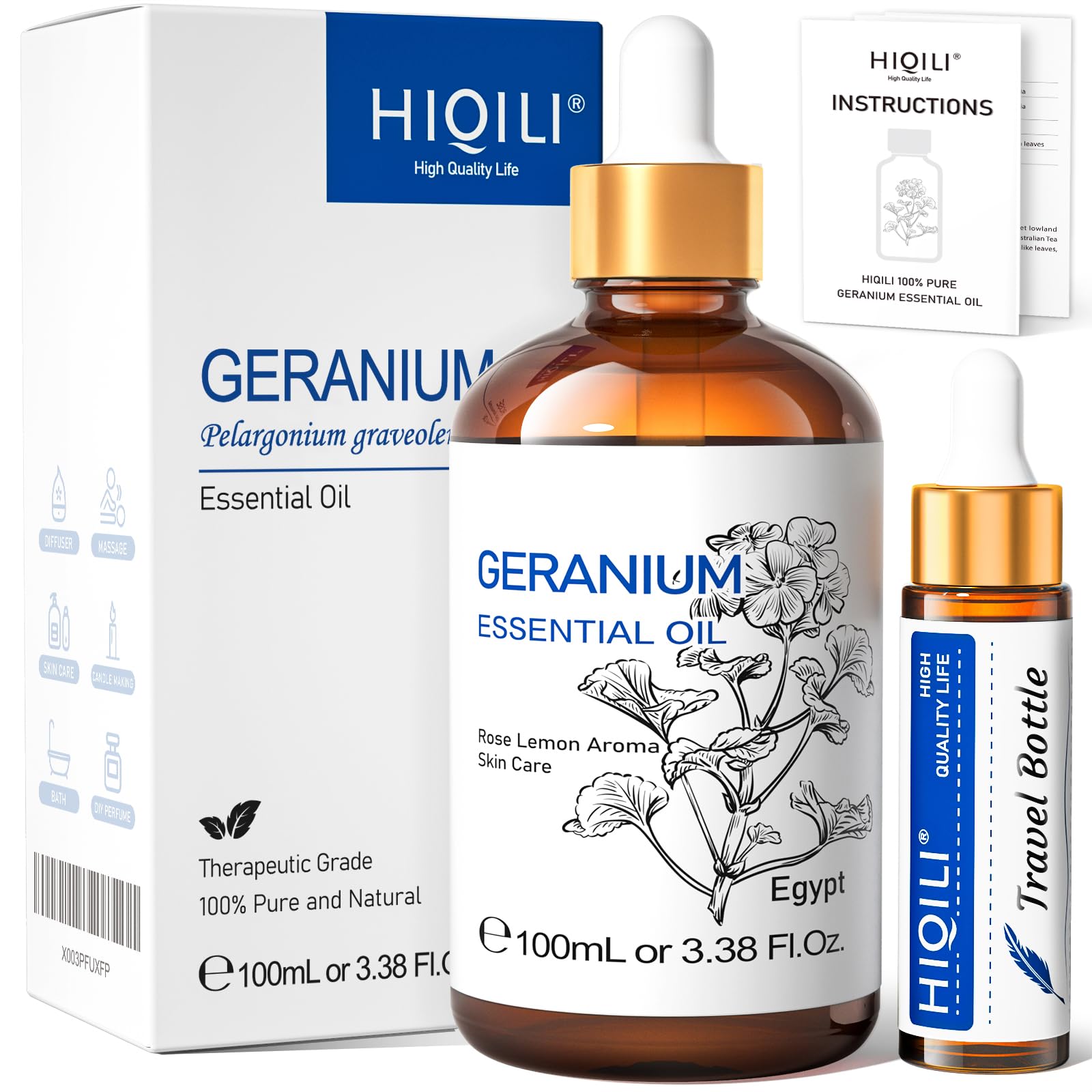 HIQILI 100ML Geranium Essential Oil for Skin, Diffuser & Candle, 100% Pure and Natural - 3.38 Fl. Oz