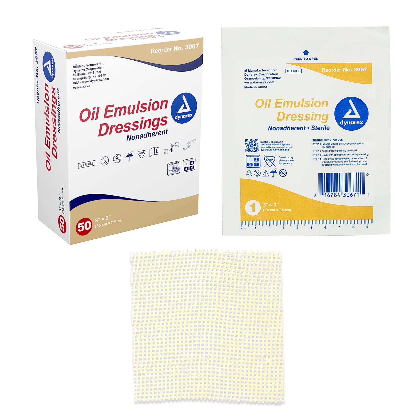 Dynarex Oil Emulsion Dressings, Wound Care, Absorbent, 3    x 3    Sterile Knitted Gauze Dressing with Emulsion Blend of Petrola