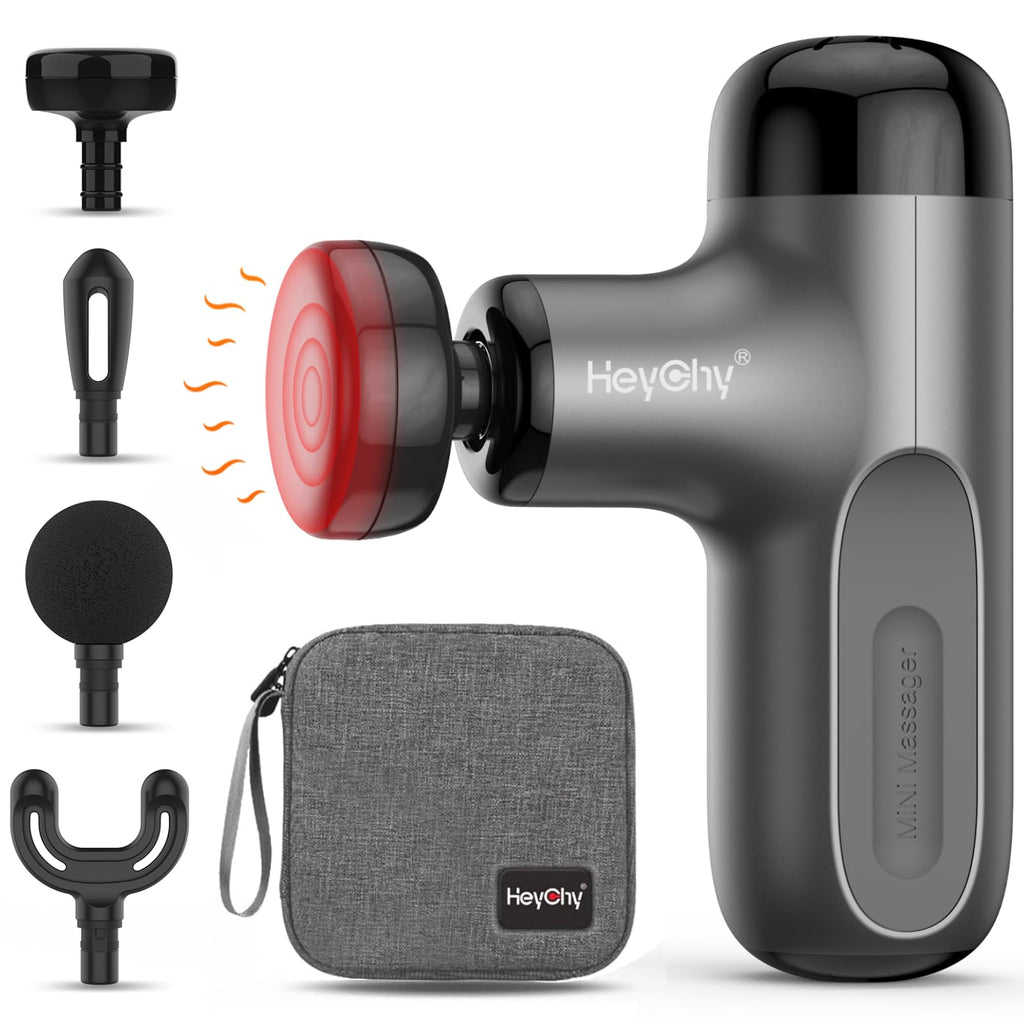 HEYCHY Mini Massage Gun with Heat, Deep Tissue Massage Gun, Portable Percussion Muscle Massager with 4 Massage Heads for Athlete