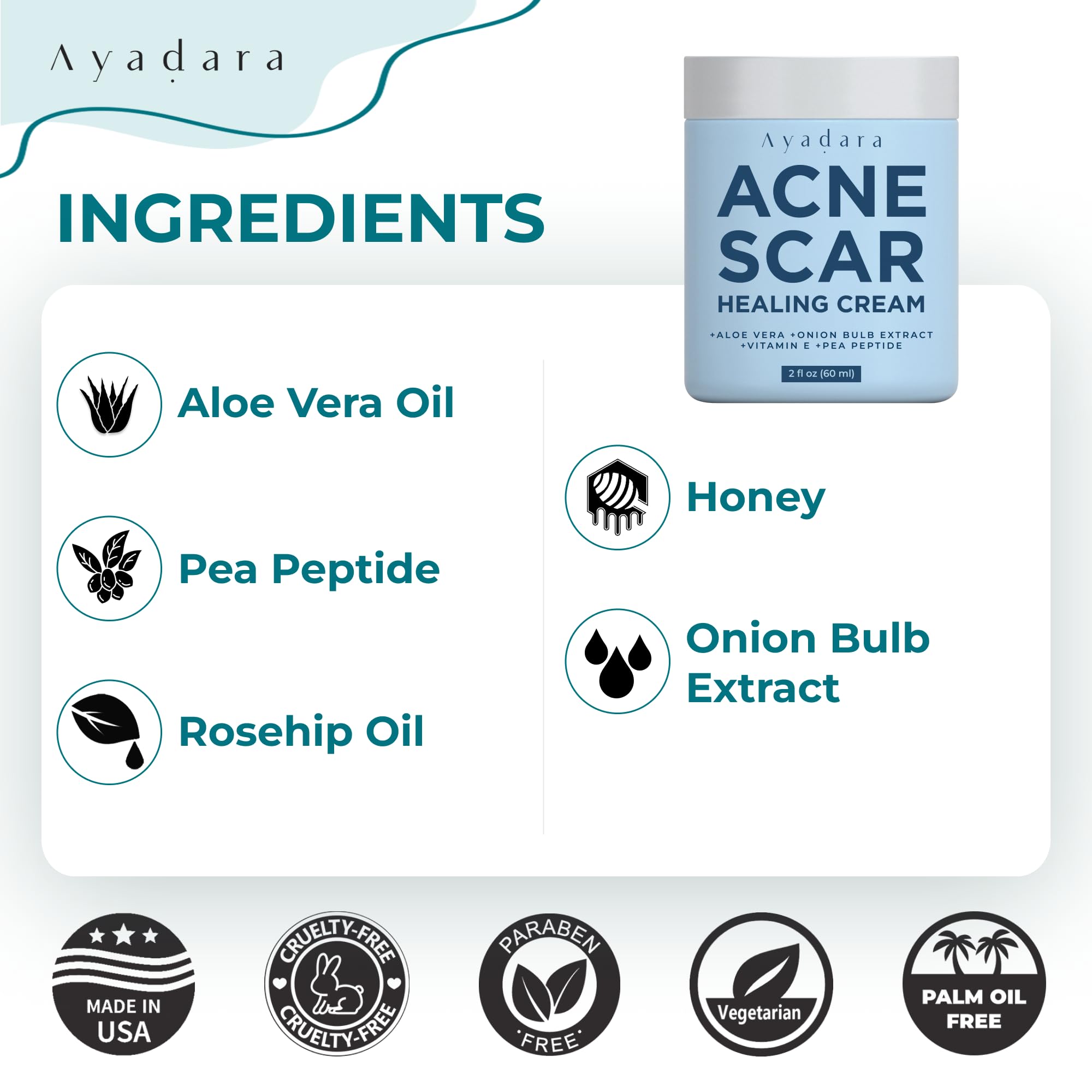 Ayadara Acne Scar Healing Cream, 2 fl oz, Acne Scar Treatment for Face, Stretch Marks, Body Scars, Acne Scar Removal Cream for B
