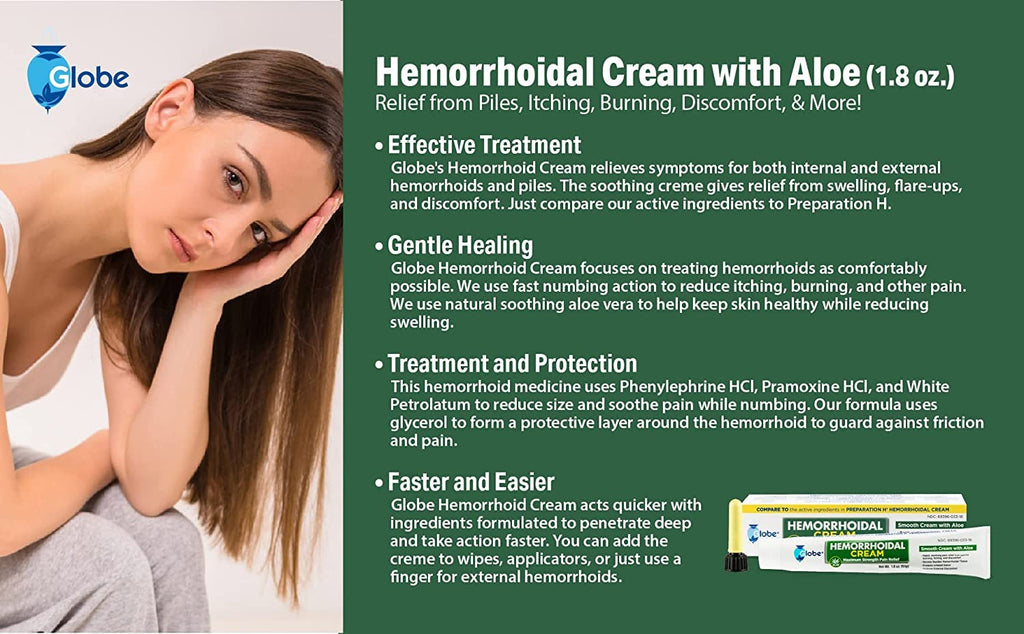 Globe Hemorrhoidal Cream, Phenylephrine HCl, Pramoxine with Aloe, Relief from Burning, Itching and Discomfort of Hemorrhoids, 1.
