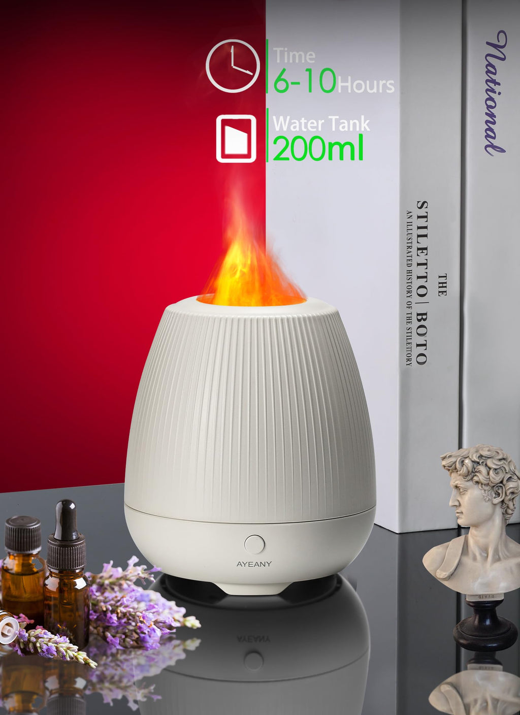 AYEANY Flame Diffuser,200ML Essential Oil Diffusers with Cool Mist,2 Brightness Night Light & Auto-Off,Super Quiet Oil Diffuser