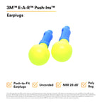 3M E-A-R Push-Ins Earplugs 318-1000, 28.0 dBs, 100 Pair, ANSI, Uncorded, No Roll, Push to Fit, Poly Bag