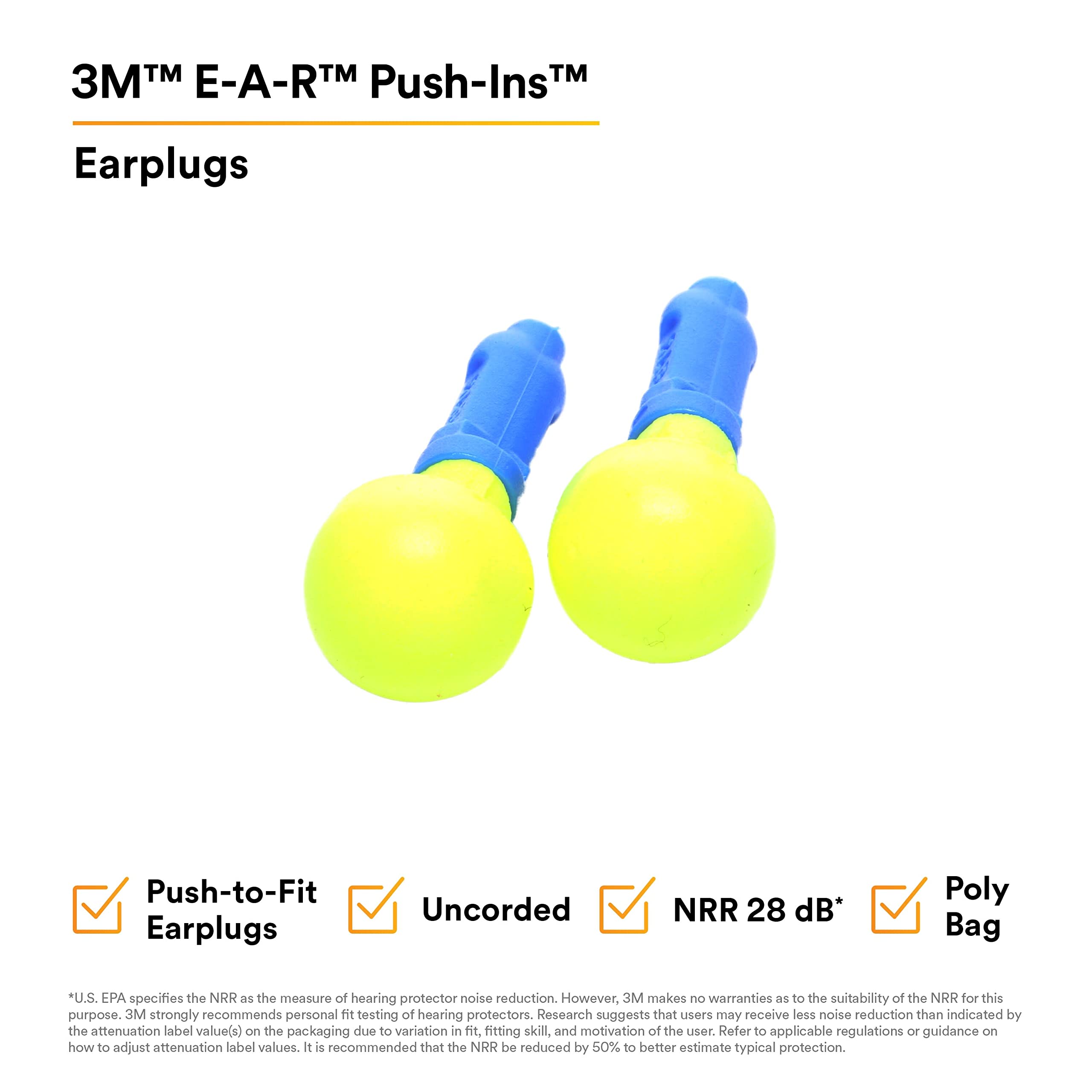 3M E-A-R Push-Ins Earplugs 318-1000, 28.0 dBs, 100 Pair, ANSI, Uncorded, No Roll, Push to Fit, Poly Bag
