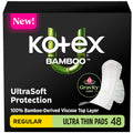 Kotex Bamboo Ultra Thin Pads with Wings, Regular Absorbency, 48 Count (Packaging May Vary)