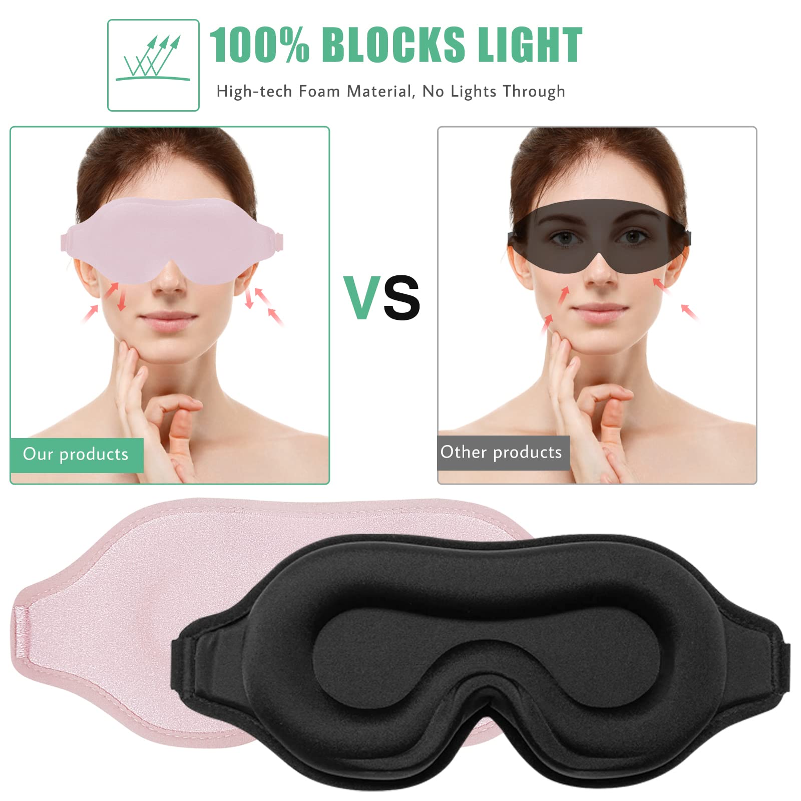 BeeVines Sleep Mask, 2 Pack 3D Contoured Sleeping Eye Masks for Lash Extensions, Night Molded Mask with Adjustable Strap, Eye Sh