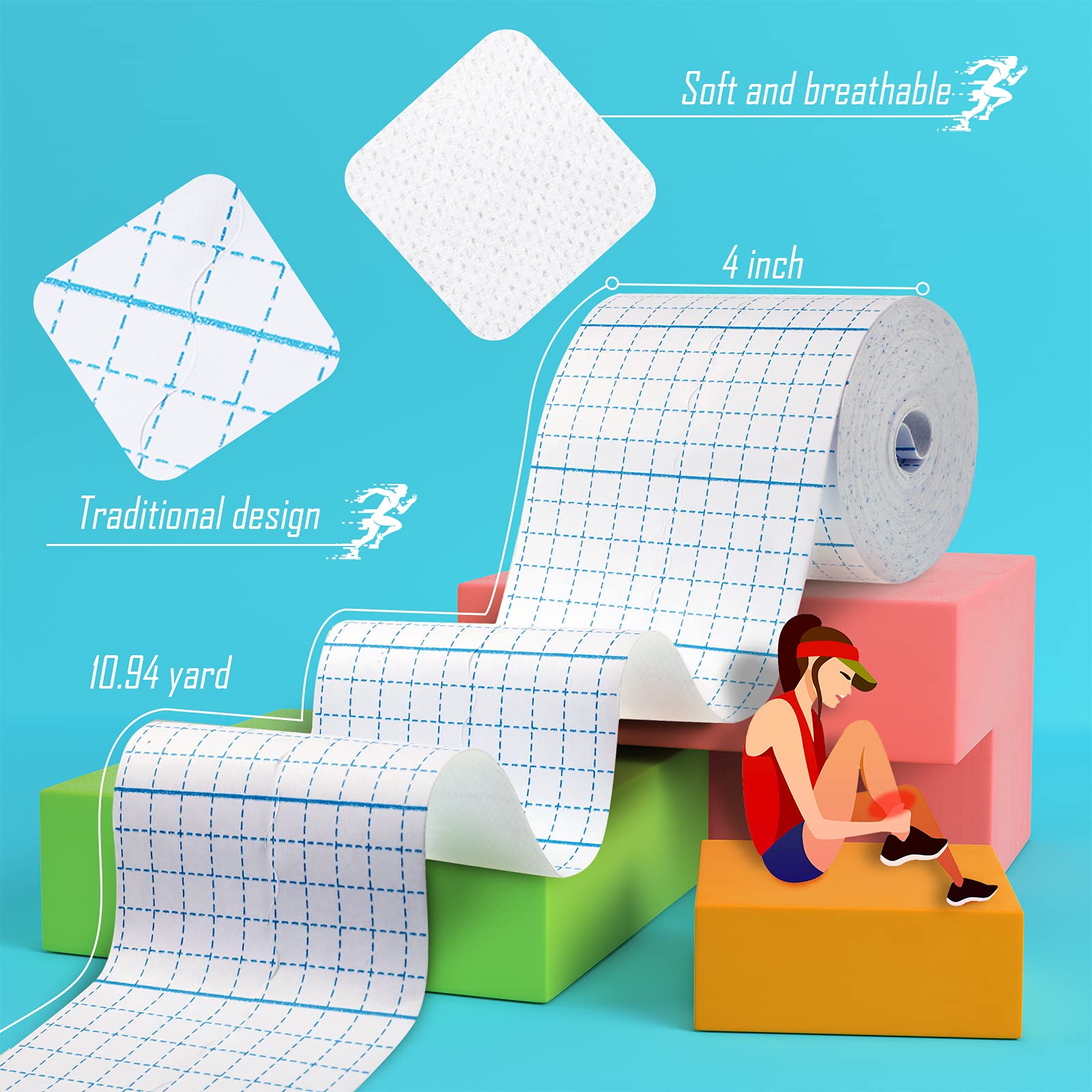 Nuanchu 2 Rolls Non-Woven Stretch Tape Breathable Bandage Tape Cohesive Wrap Roll Film (White,4 Inch X 10.94 Yard)