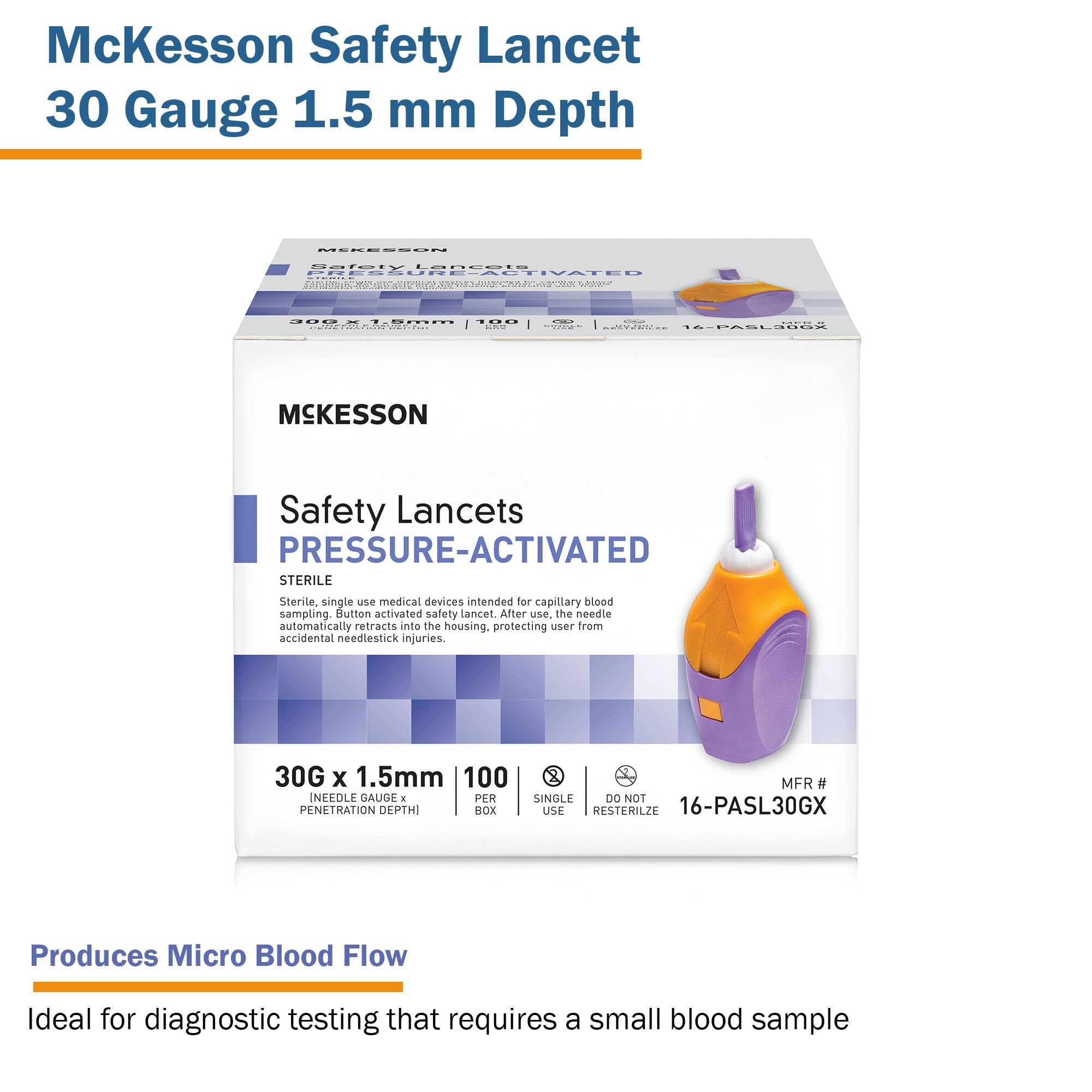 McKesson Safety Lancet, Retractable, Pressure-Activated Finger Device, Sterile - Ideal for Blood Testing - Single Use, 30 Gauge,