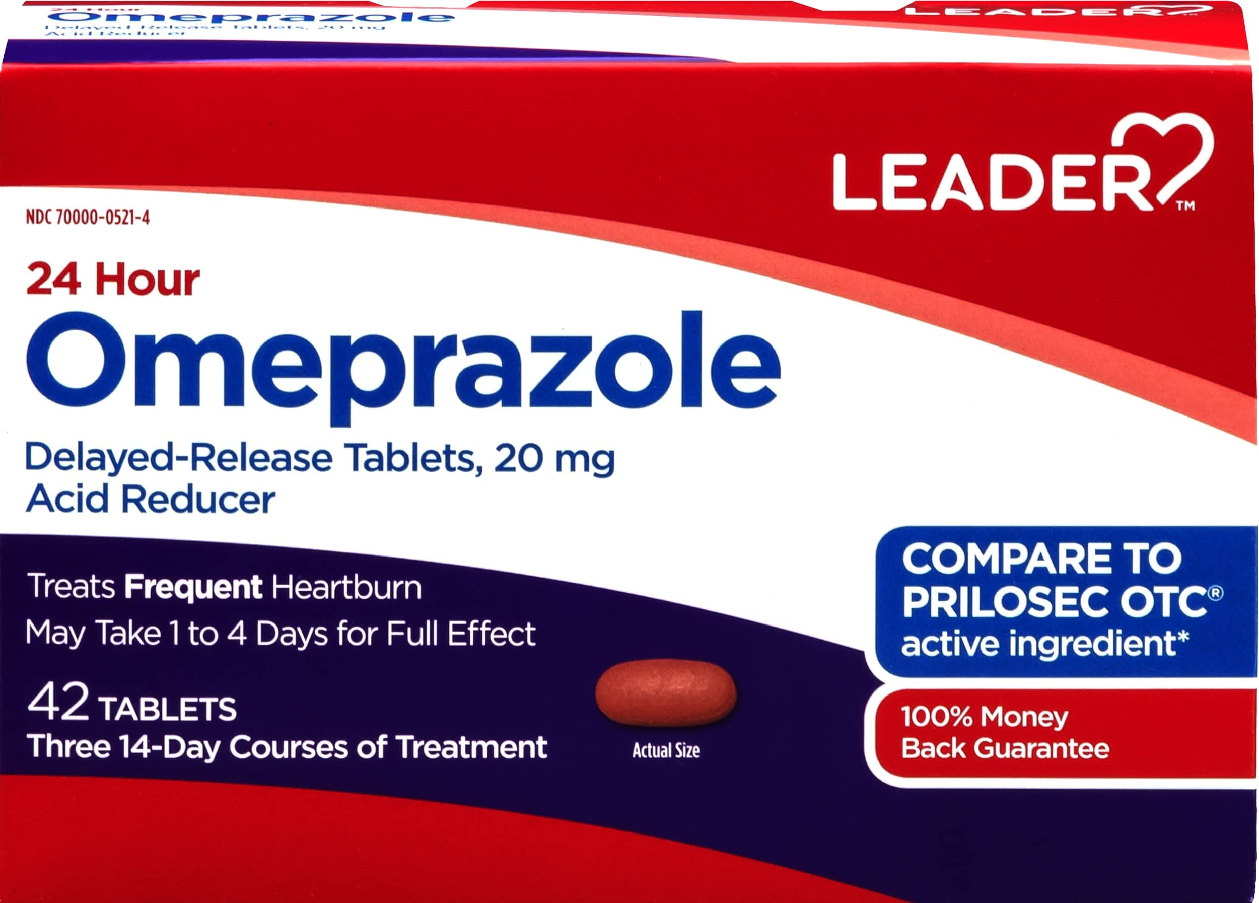 Leader Omeprazole Delayed Release Acid Reducer, Treats Frequent Heartburn, Upset Stomach, Acid Indigestion, 20mg, 42 Tablets