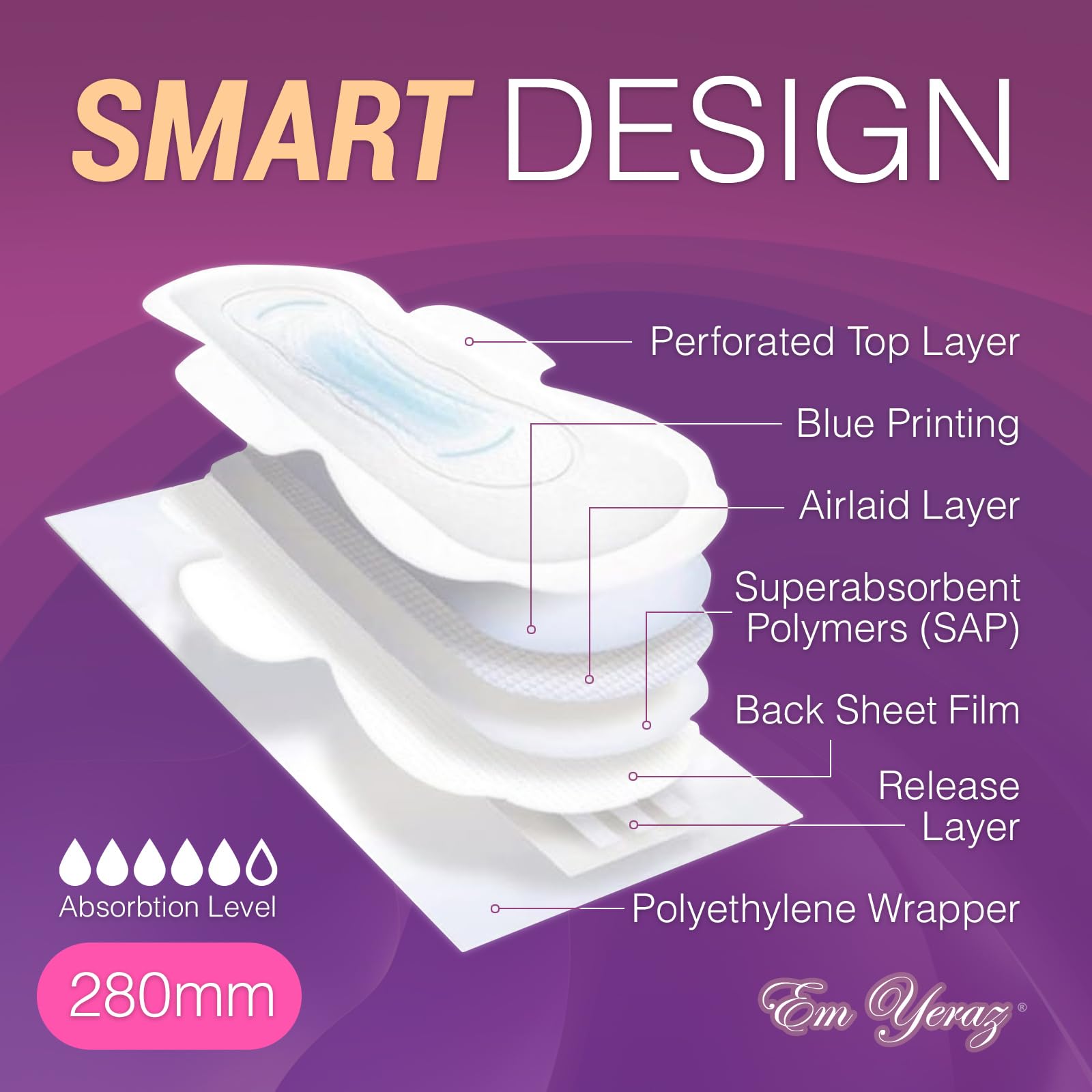 Em Yeraz Women Sanitary Pads, Ultra-Thin, Fast Absorbency with Wings, Size 5, 30 Count, Day use
