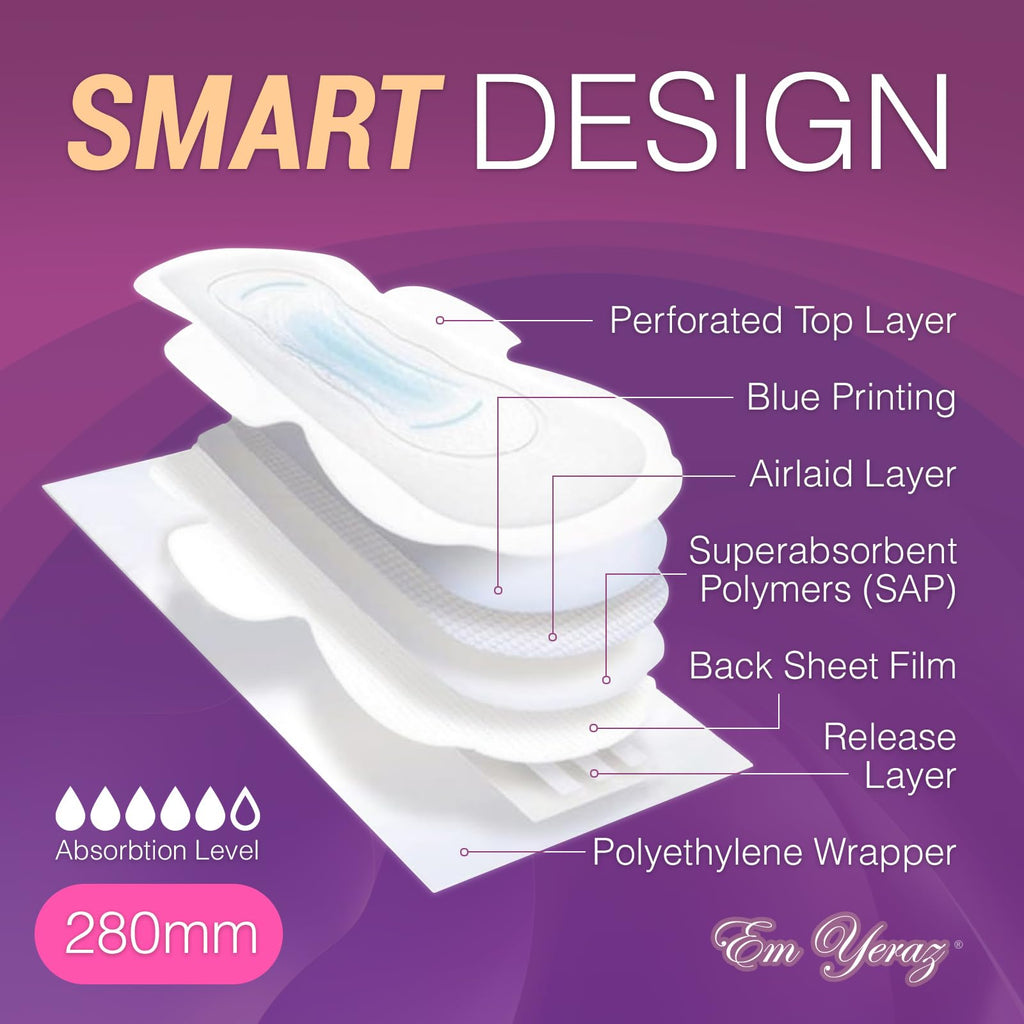 Em Yeraz Women Sanitary Pads, Ultra-Thin, Fast Absorbency with Wings, Size 5, 30 Count, Day use