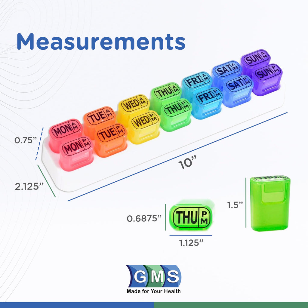 GMS Weekly Pill Organizer - 7 Day AM/PM Pop Out Pill Pods for Supplements, Vitamins & Medications - Ideal for Daily Use & Travel