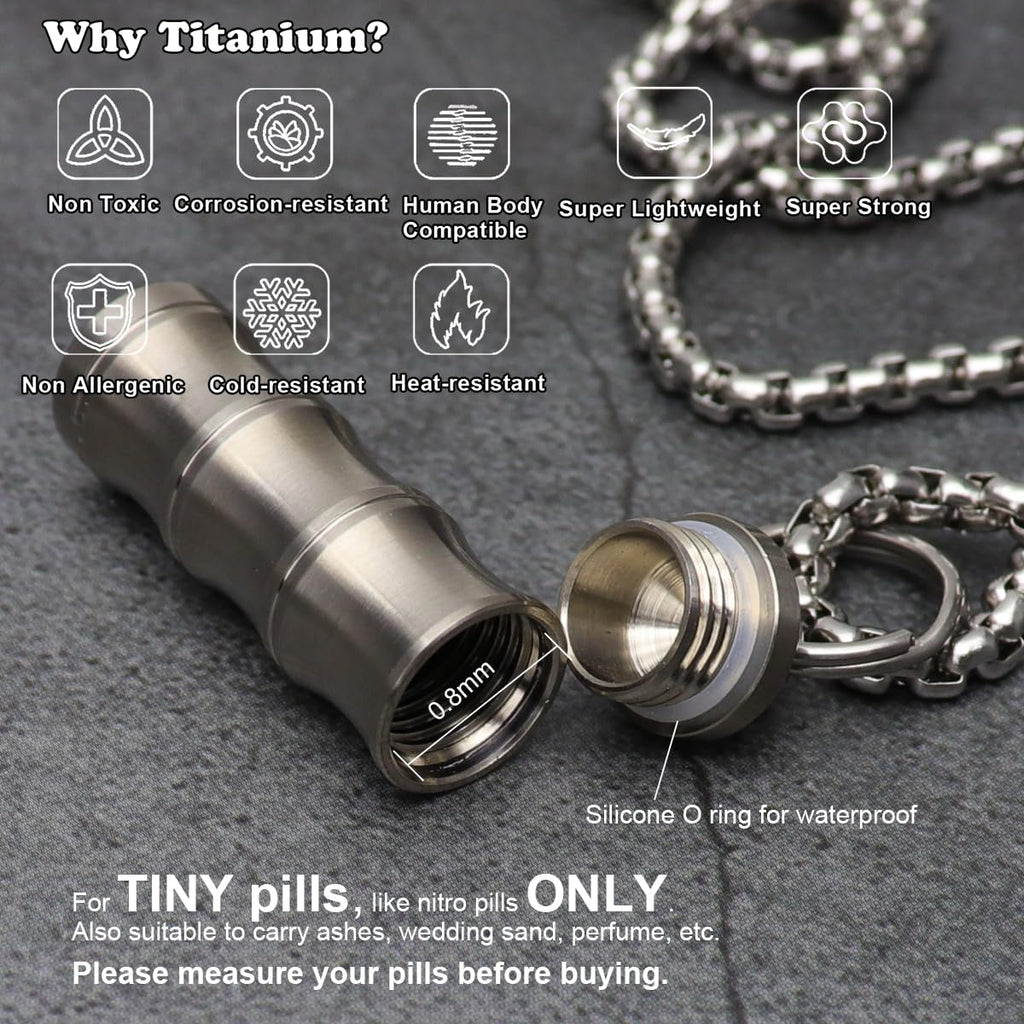 Titanium Small Pill Box Titanium Pill Case Necklace Nitro Mini Waterproof Keychain Pill Holder Lightweight Charming Pendant Neck