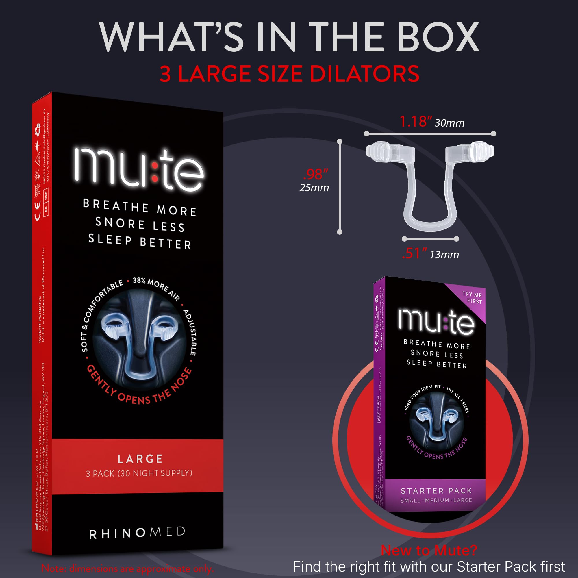 Rhinomed Mute Nasal Dilator for Snore Reduction - Anti-Snoring Aid Solution - Improve Airflow - Comfortable Nose Vents, Breathin