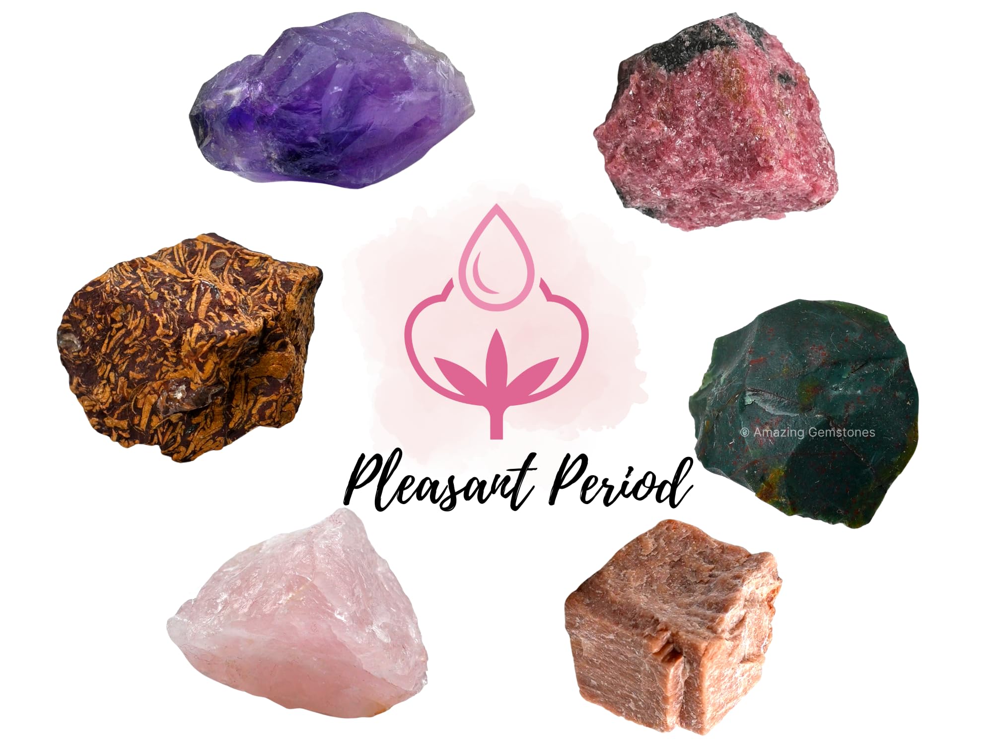 Crystals for Pleasant Period Menstrual Cycle Menses, Set of 6 Blood Stone, Rose Quartz, Peach Moonstone, Mariyam Jasper and Rhod