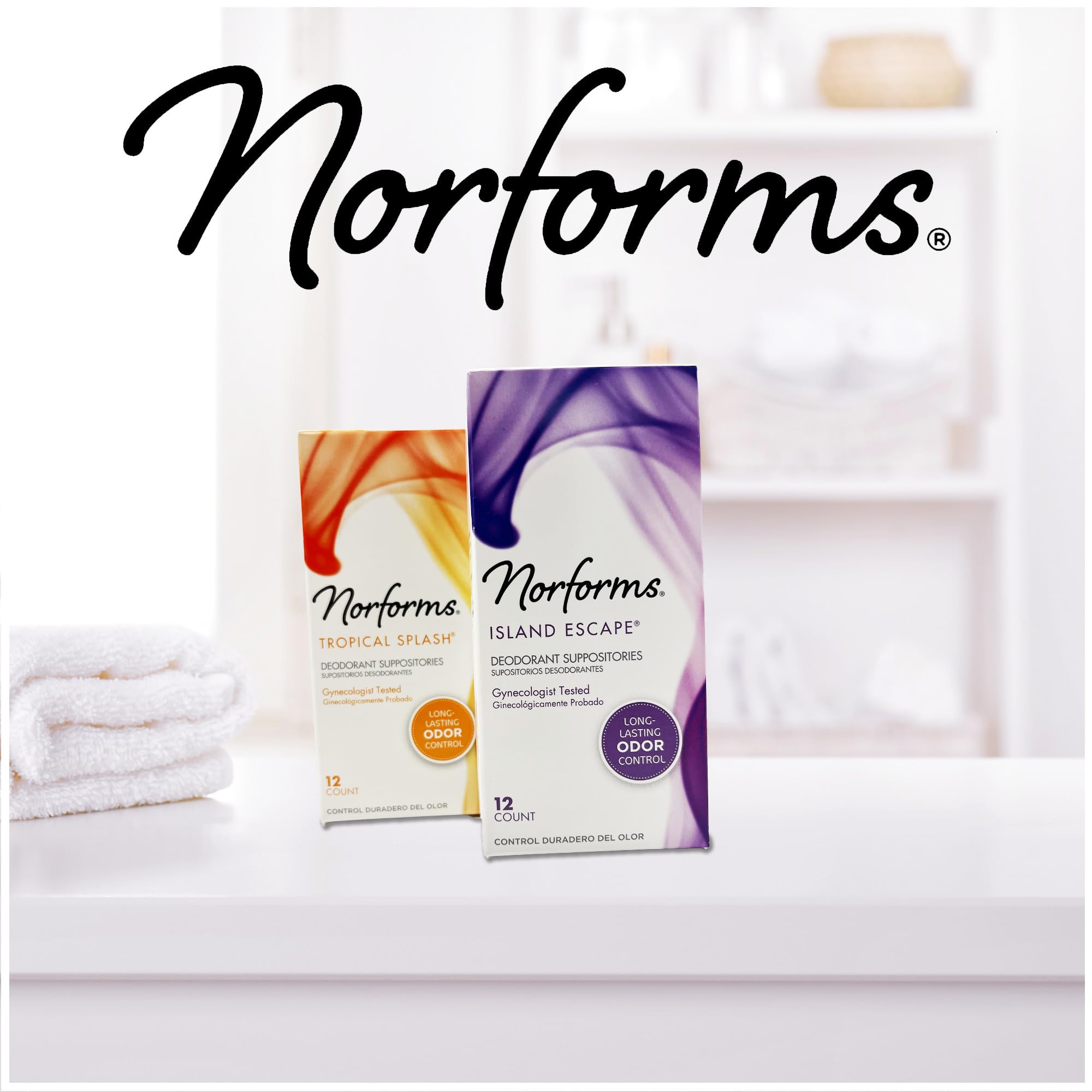 Norforms Feminine Deodorant Suppositories, Long Lasting Odor Control, Island Escape Scent, 12 Count Deodorant Suppositories in E