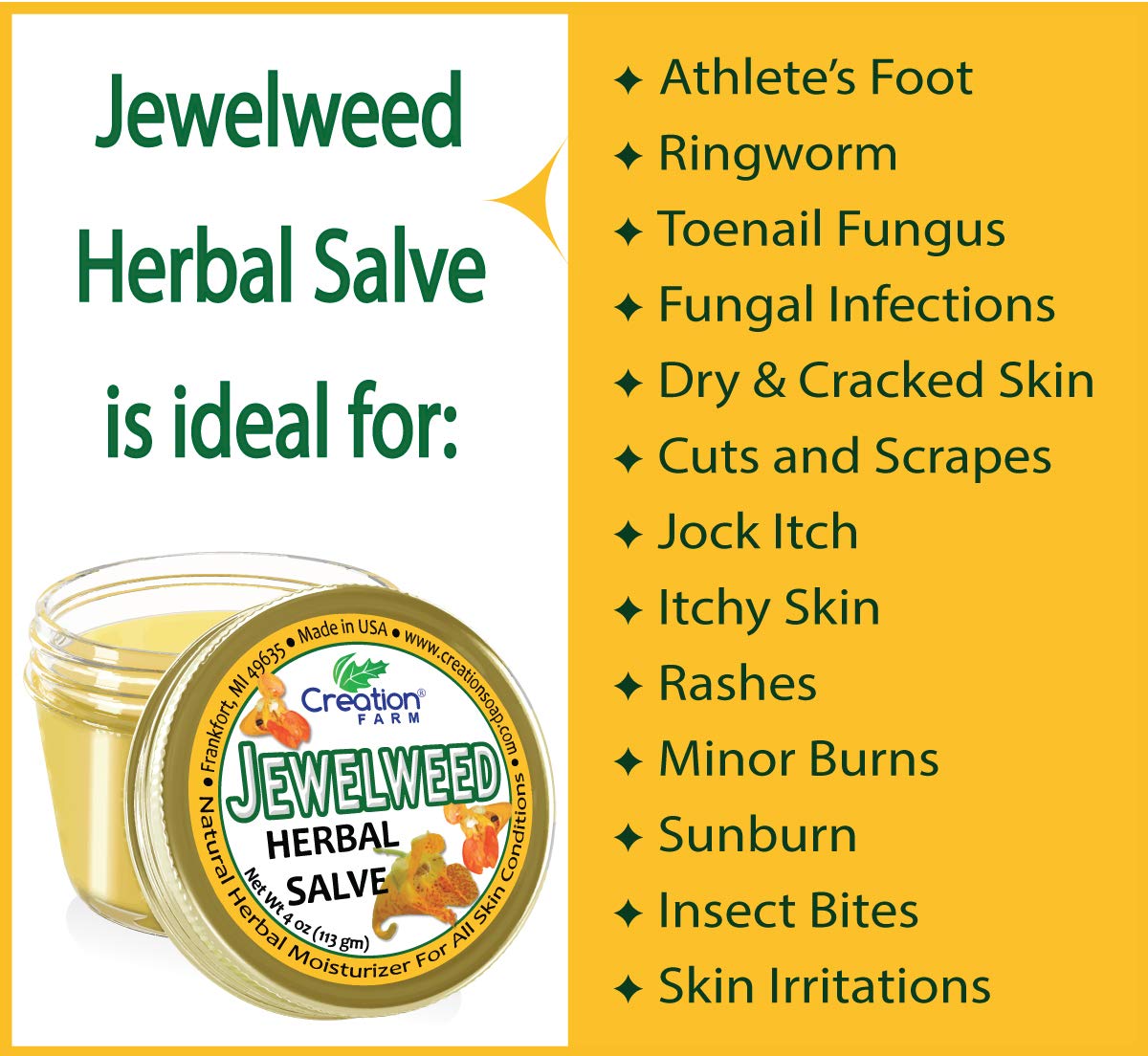 Creation Farm Jewelweed Balm, Poison Ivy Remedy, Herbal Tea Tree Salve Jar Skin Treatment Helps Tattoos, Soothes Rashes, No Glu