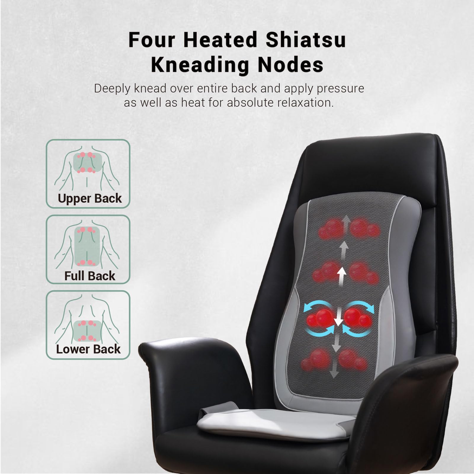 Mynt Gray Massage Chair Pad with 4 Deep Kneading Nodes, Shiatsu Back Massager for Chair with Heat, Heated Back Massage with a Cu