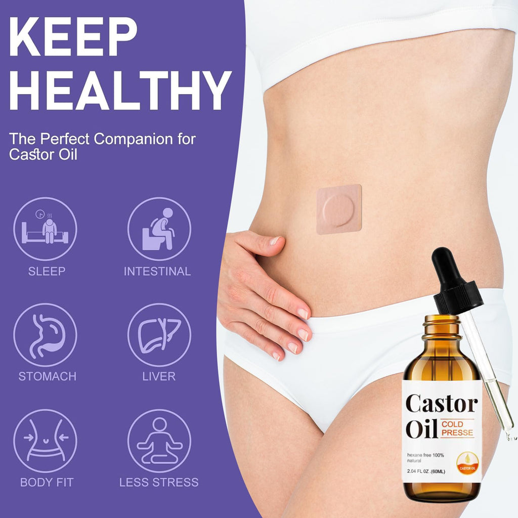 30Pcs Disposable Castor Oil Belly Button Patch with Organic Cold Pressed Glass Bottle 2.04oz | Self-Adhesive Castor Oil Patches