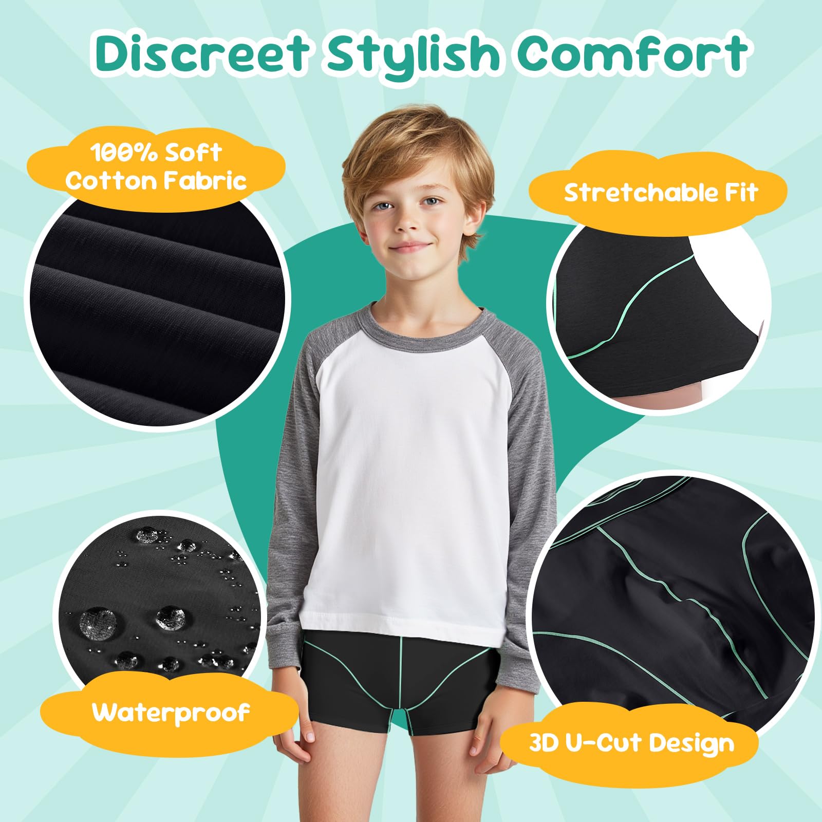 Carer Boys Incontinence Underwear Washable with Front Absorbent 70ML Breathable Cotton Absorbent Underwear for Kids 5 Pack Reusa