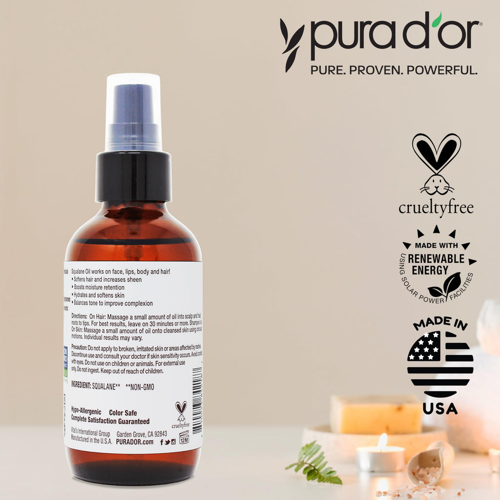 PURA DOR 3.38 Oz Squalane Oil - Non-GMO 100% Pure & Natural - Moisturizer For Face, Hair And Body - Vegan, Cruelty-Free with An