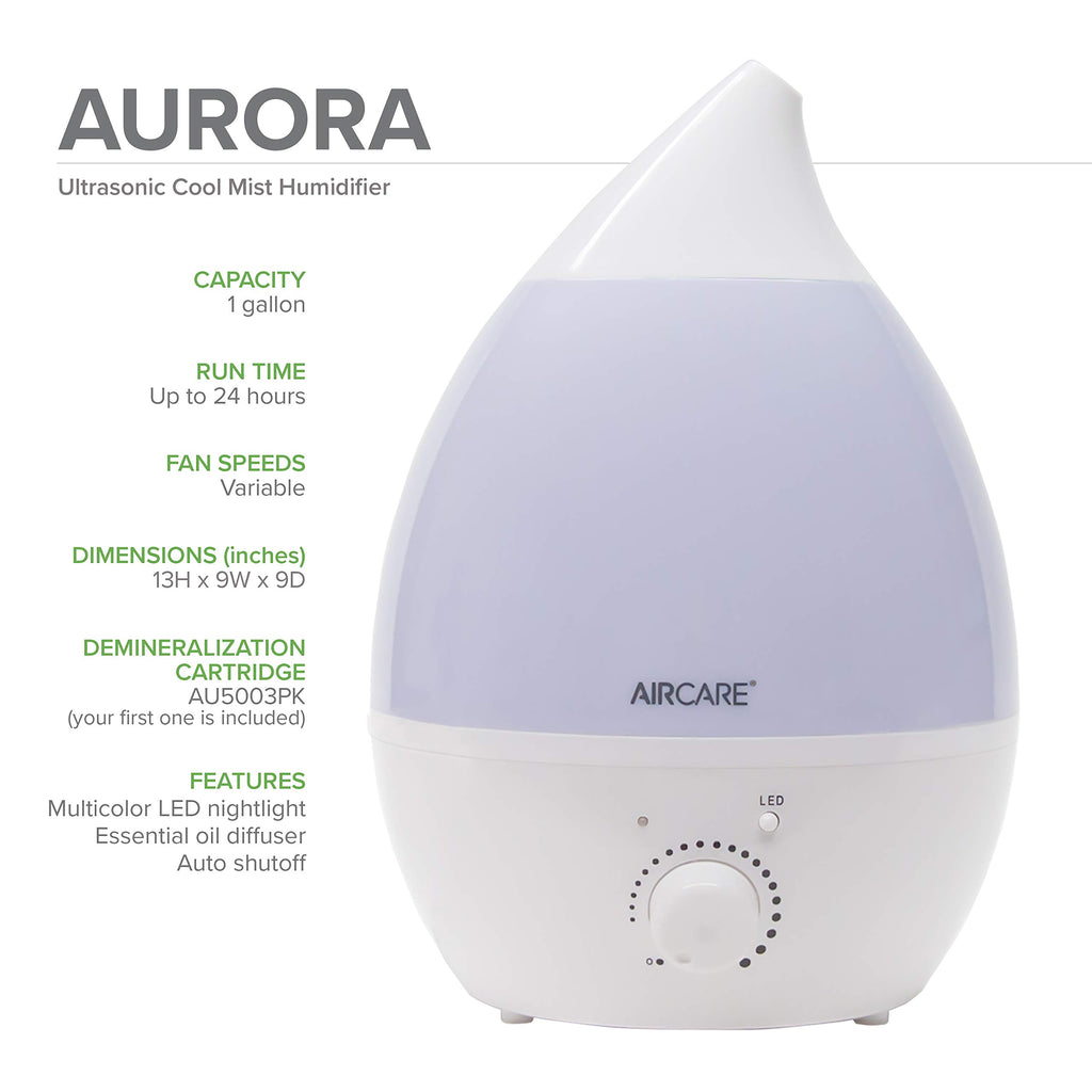 AIRCARE Aurora Ultrasonic Cool Mist Humidifier, Whisper-Quiet between 8-24 hours, Seven Color LED Night Light, Essential Oil Tra