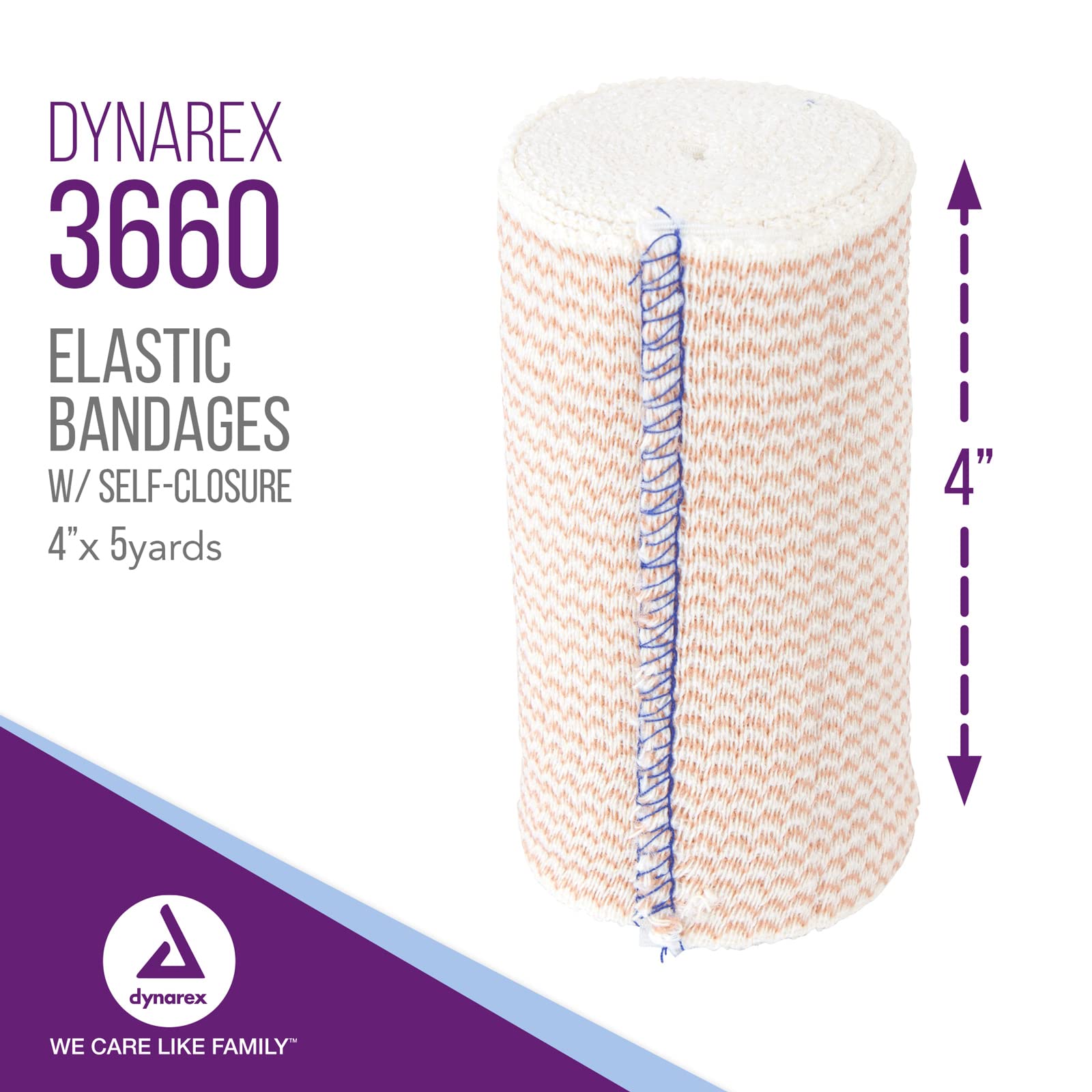Dynarex 3660 Elastic Bandage with Self-Closure, 4'' x 5 yds, Provides Compression for Injuries, Cotton, and Spandex, Non-Sterile