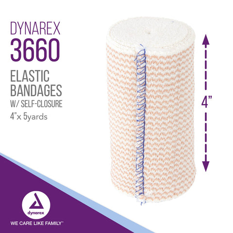 Dynarex 3660 Elastic Bandage with Self-Closure, 4'' x 5 yds, Provides Compression for Injuries, Cotton, and Spandex, Non-Sterile