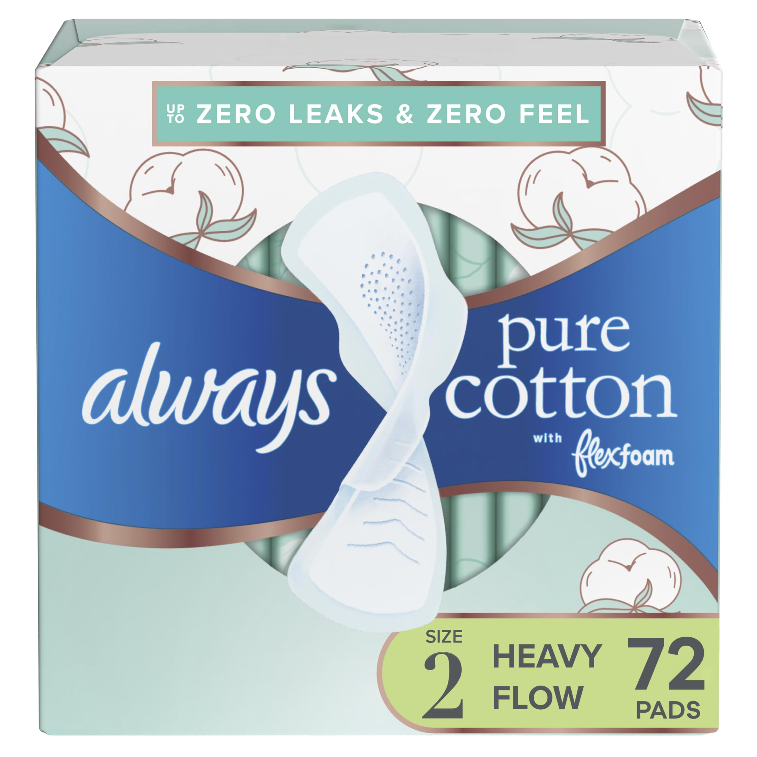Always Pure Cotton, Feminine Pads For Women, Size 2 Heavy Flow Absorbency, Multipack, With Flexfoam, With Wings, Unscented, 24 C
