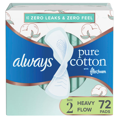 Always Pure Cotton, Feminine Pads For Women, Size 2 Heavy Flow Absorbency, Multipack, With Flexfoam, With Wings, Unscented, 24 C