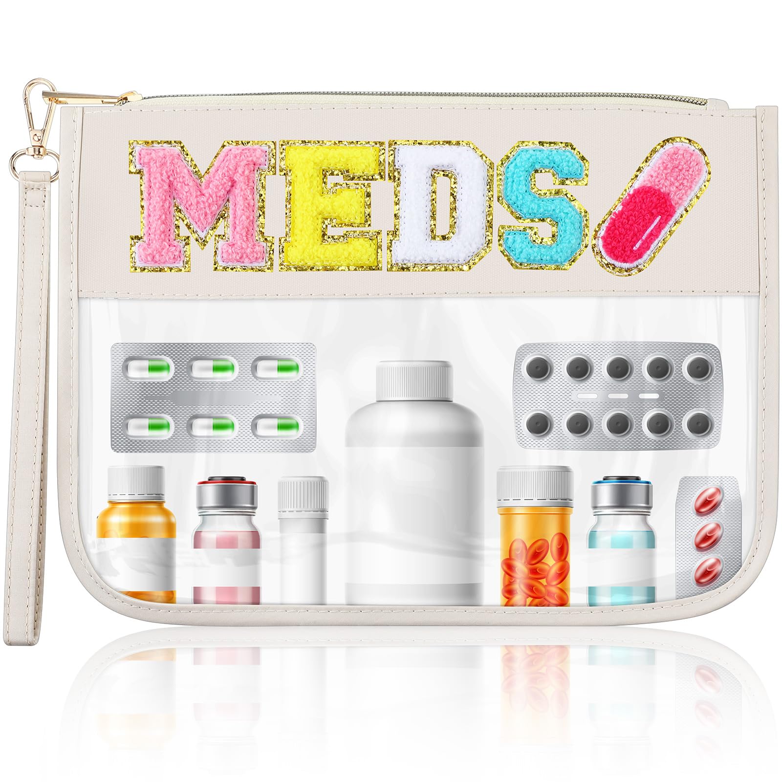 Silkfly Chenille Letter Clear Medicine Bags Makeup Meds Bag Travel First Aid Bag Nylon PVC Waterproof Zipper Tote Pouch with Han