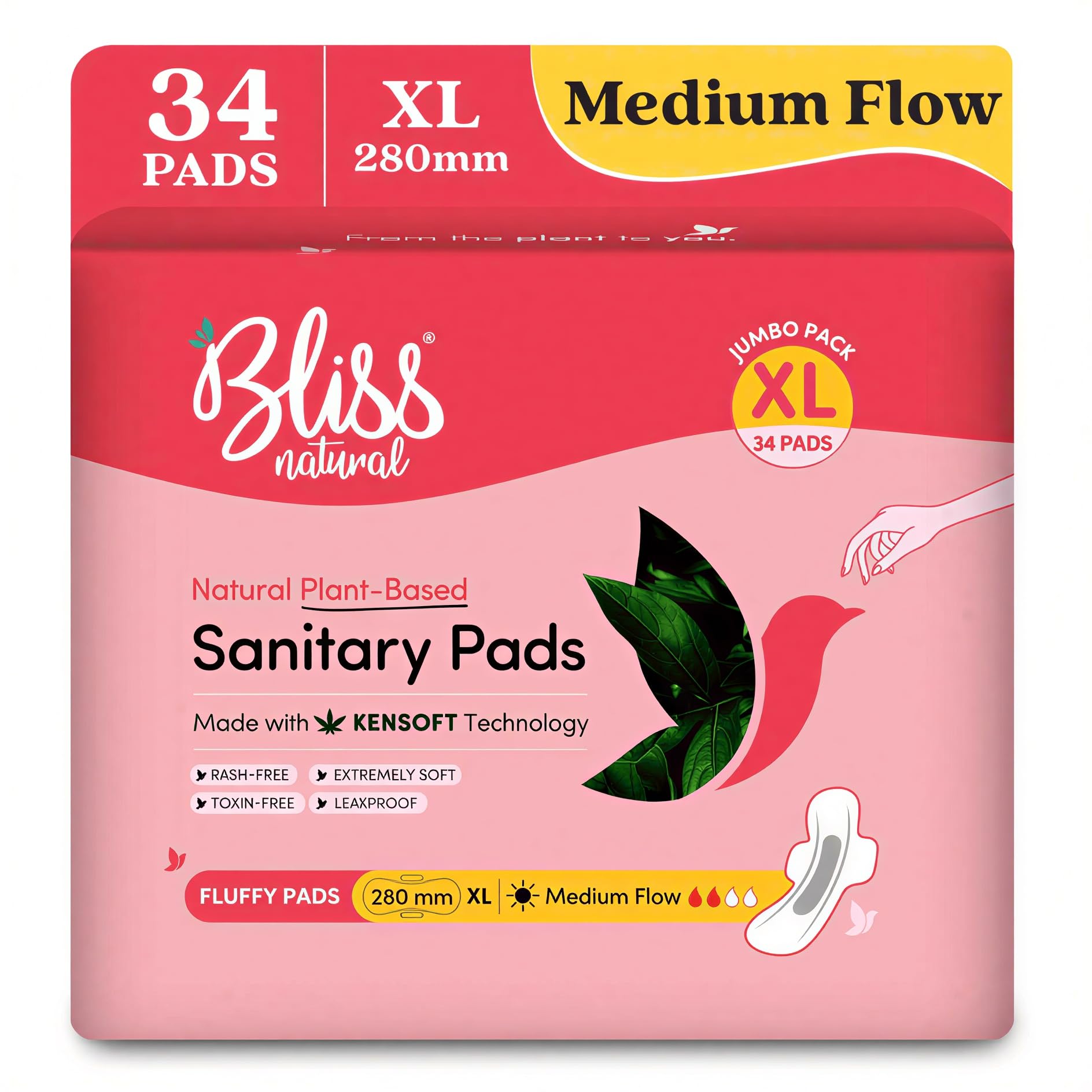 Blissnatural Sanitary Pads For Women Xl 280Mm Medium Flow (Pack Of 34) | Extremely Soft, RashFree, Leakproof | PlantBased