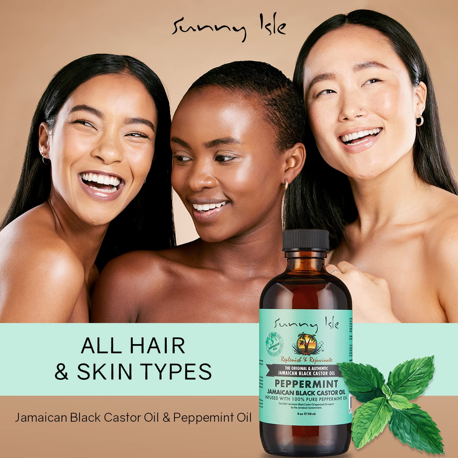 Sunny Isle Jamaican Black Castor Oil with Peppermint 4oz | Promotes Longer, Thicker, Hair | Soothes Dry Itchy Scalp | Moisturize