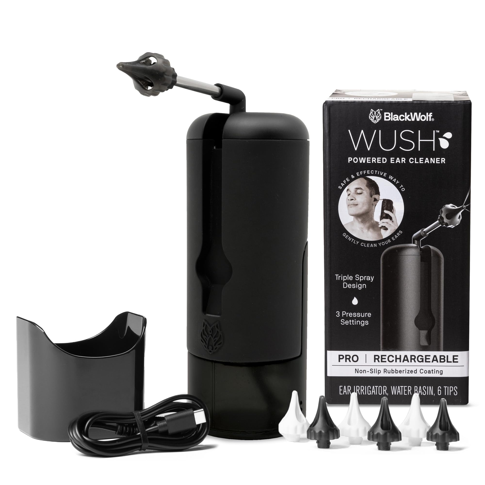 Wush Pro By Black Wolf- Deluxe Water Powered Ear Cleaner- Safe & Effective- Electric Triple Jet Stream 3 Pressure Settings For E