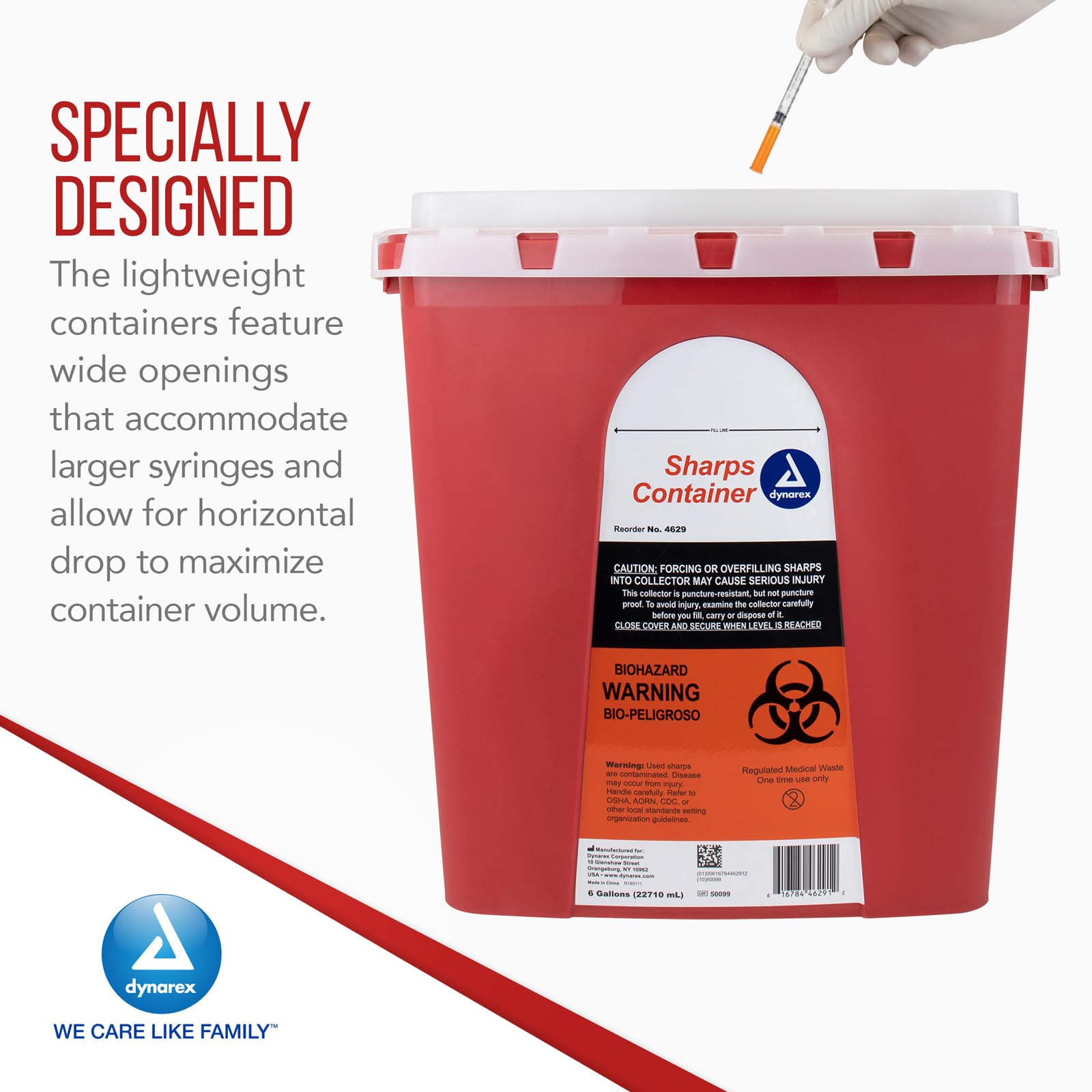 Dynarex 4629 Sharp Container, Provides a Safe Disposal of Medical Waste and Needles, Non-Sterile & Latex-Free, 6 Gallons, Made w