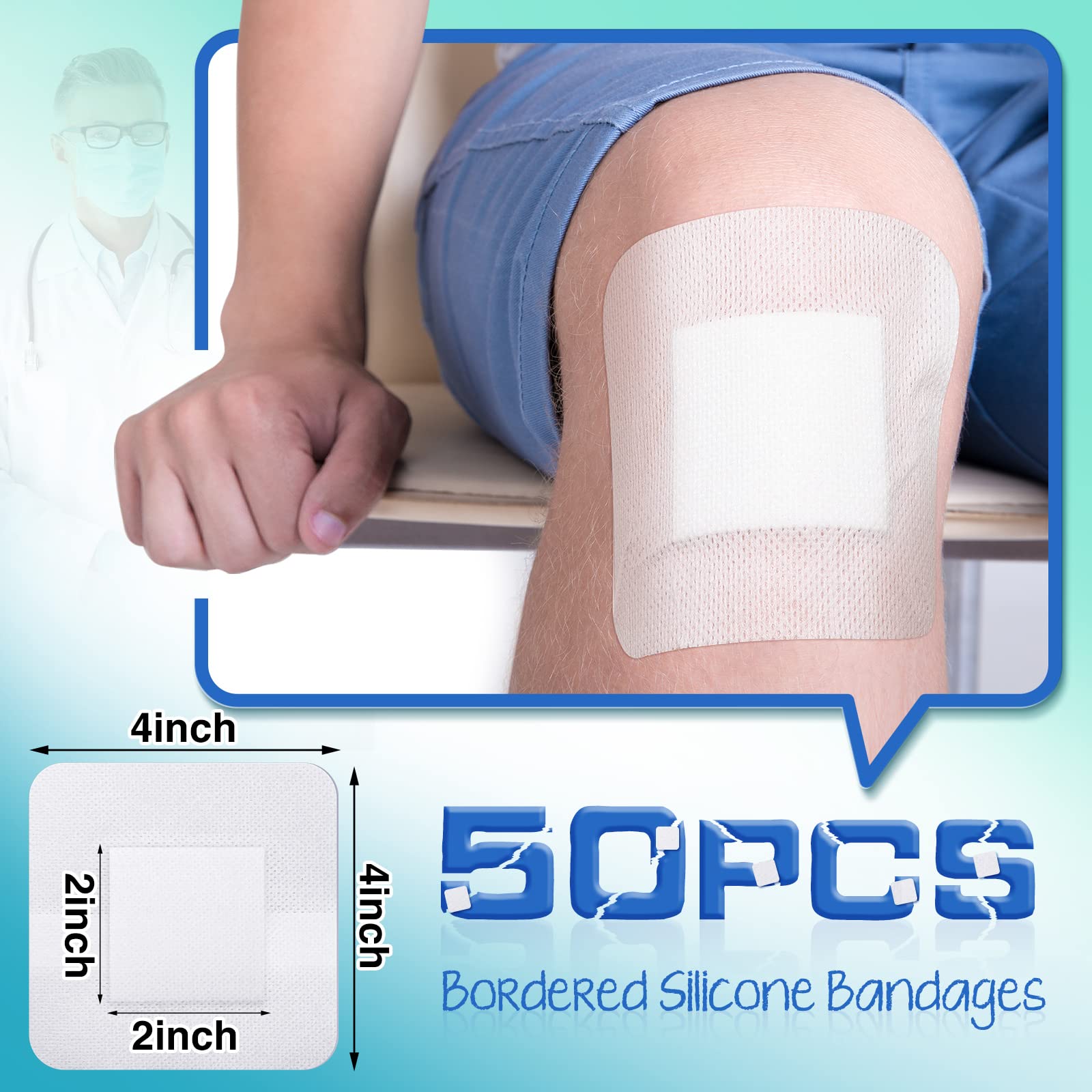 Nuanchu 50 Pieces Island Dressing Bordered Gauze Wound Care Bandage with Adhesive Border Wound Bandage Pads Waterproof Breathabl