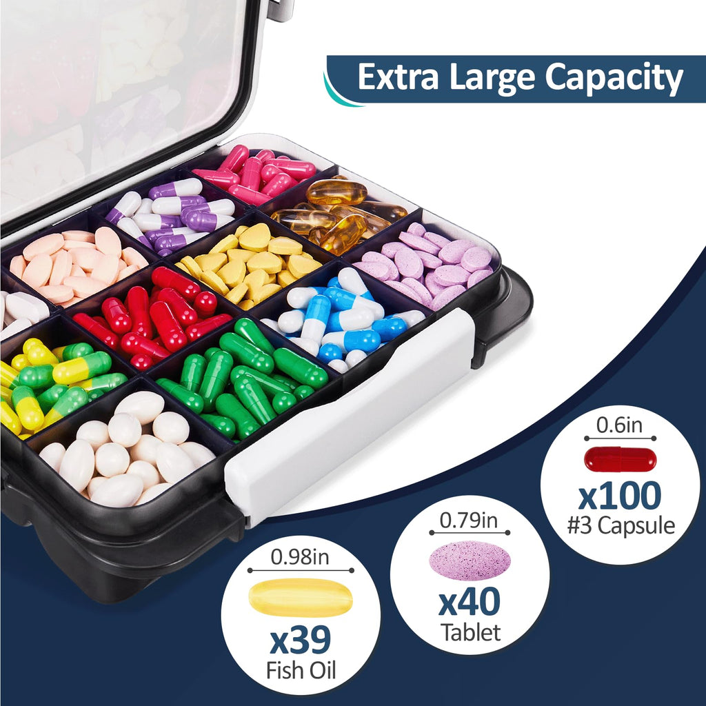 Fullicon Daily Travel Moisture Proof Pill Case with 12 Extra Large Compartment, Pill Organizer with 3 Secured Buckles, Large Sup