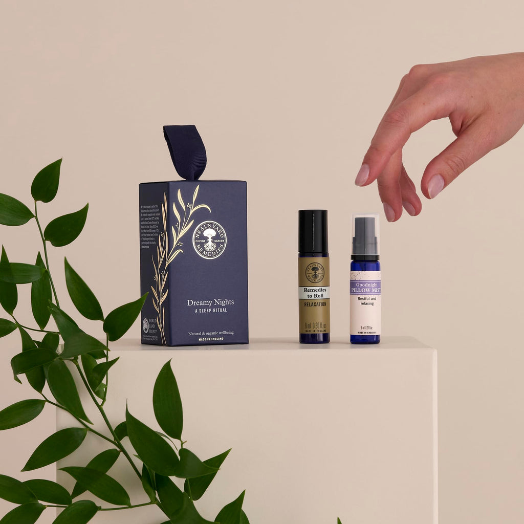 Neals Yard Remedies Dreamy Nights A Sleep Ritual, Gift Set with Pillow Spray & Essential Oil Roll On Infused with Lavender, Veg