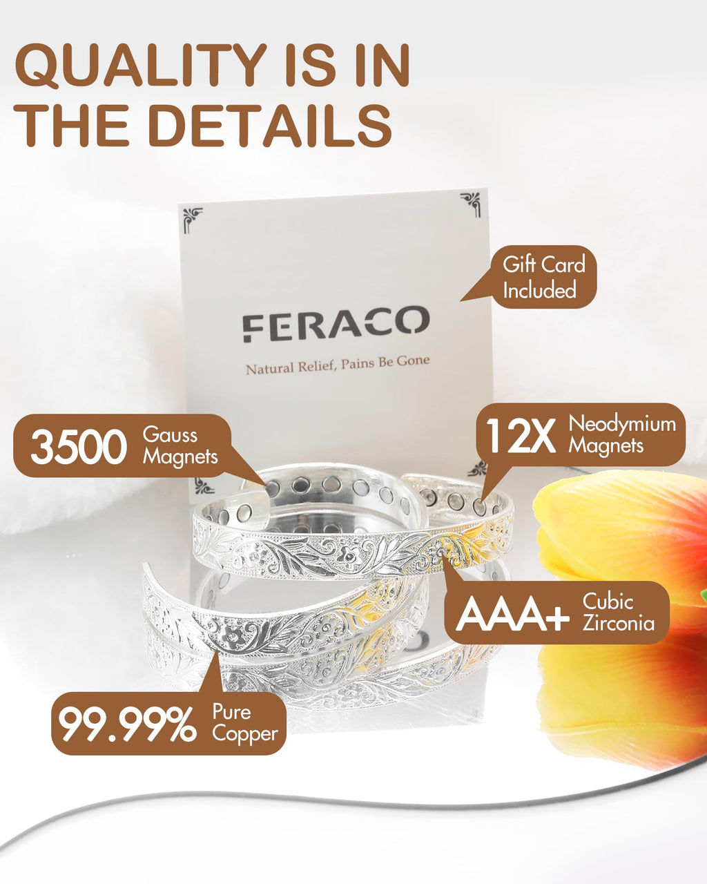 Feraco Copper Bracelet for Women, 12X Ultra Strength Magnetic Bracelets, 99.99% Pure Copper Cuff Bangle with 3500 Gauss Neodymiu